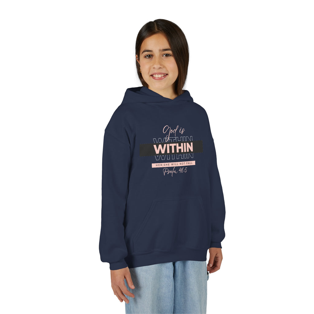 God Is Within Her Youth Hoodie — Psalm 46:5 Christian Hoodie for Girls | Inspirational Faith-Based Kids Pullover