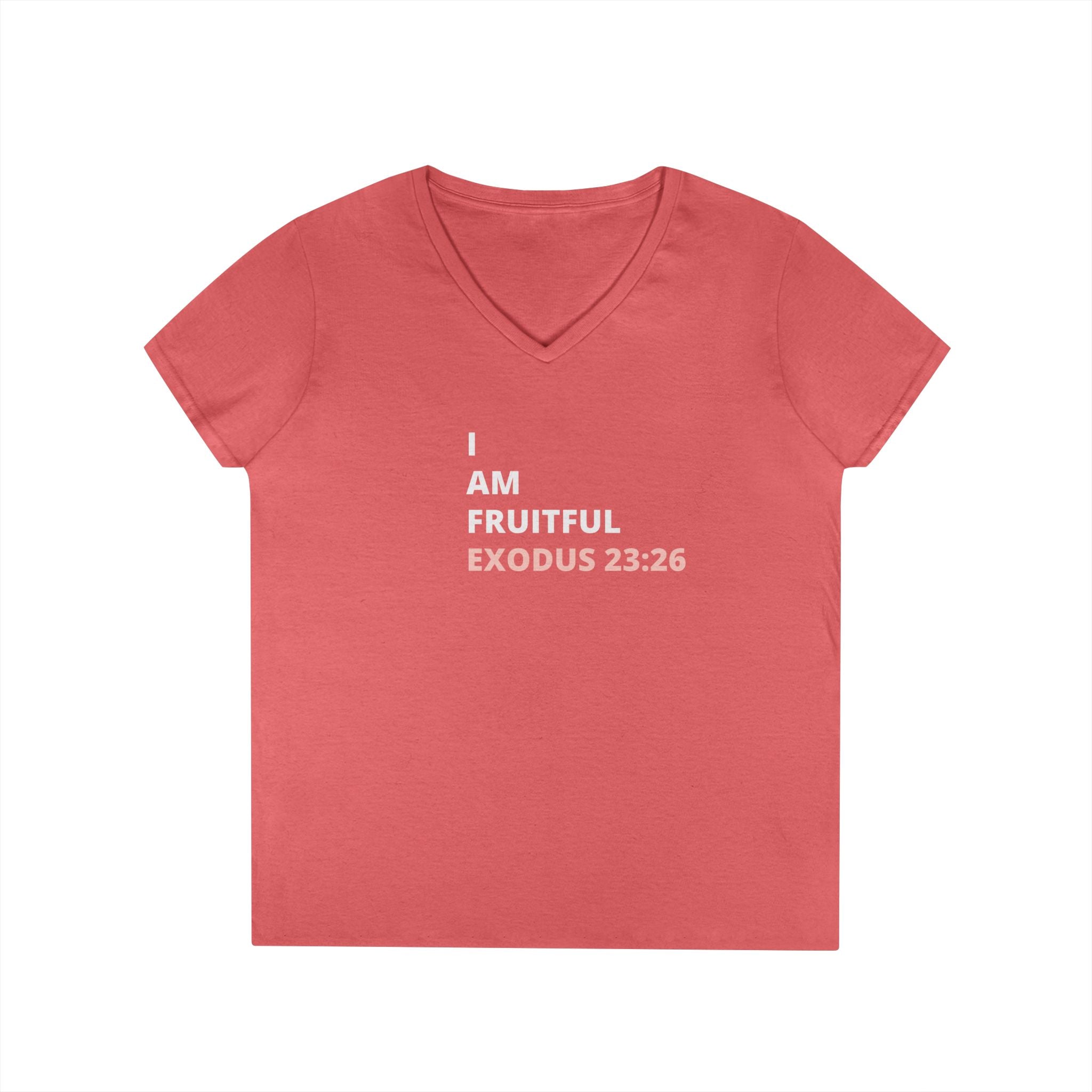 I Am Fruitful V-Neck T-Shirt – Christian Women’s Faith Tee (Exodus 23:26 Scripture)