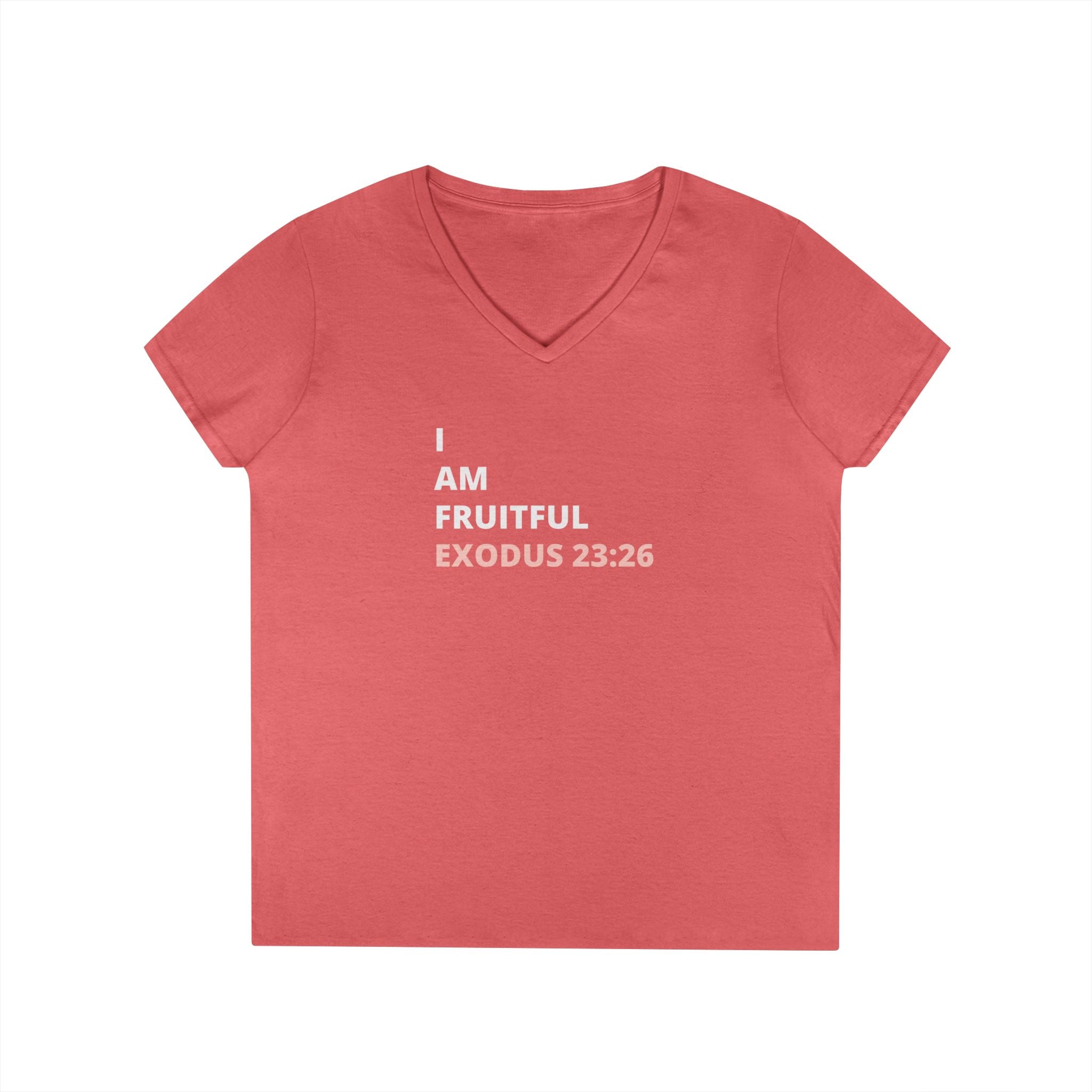 I Am Fruitful V-Neck T-Shirt – Christian Women’s Faith Tee (Exodus 23:26 Scripture)