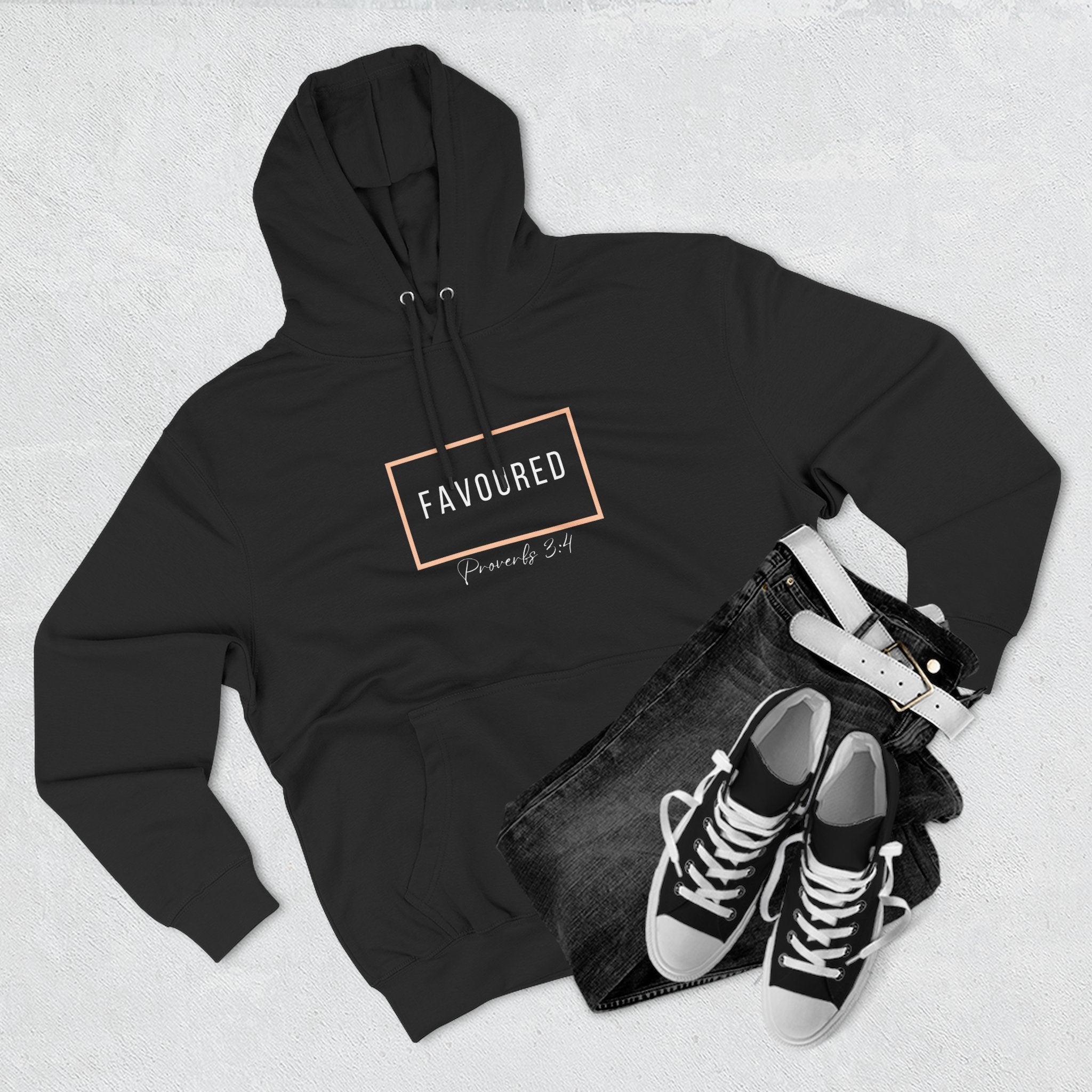 Favoured Christian Hoodie – Proverbs 3:4 Scripture Minimalist Hoodie | Faith-Based Unisex Fleece Pullover