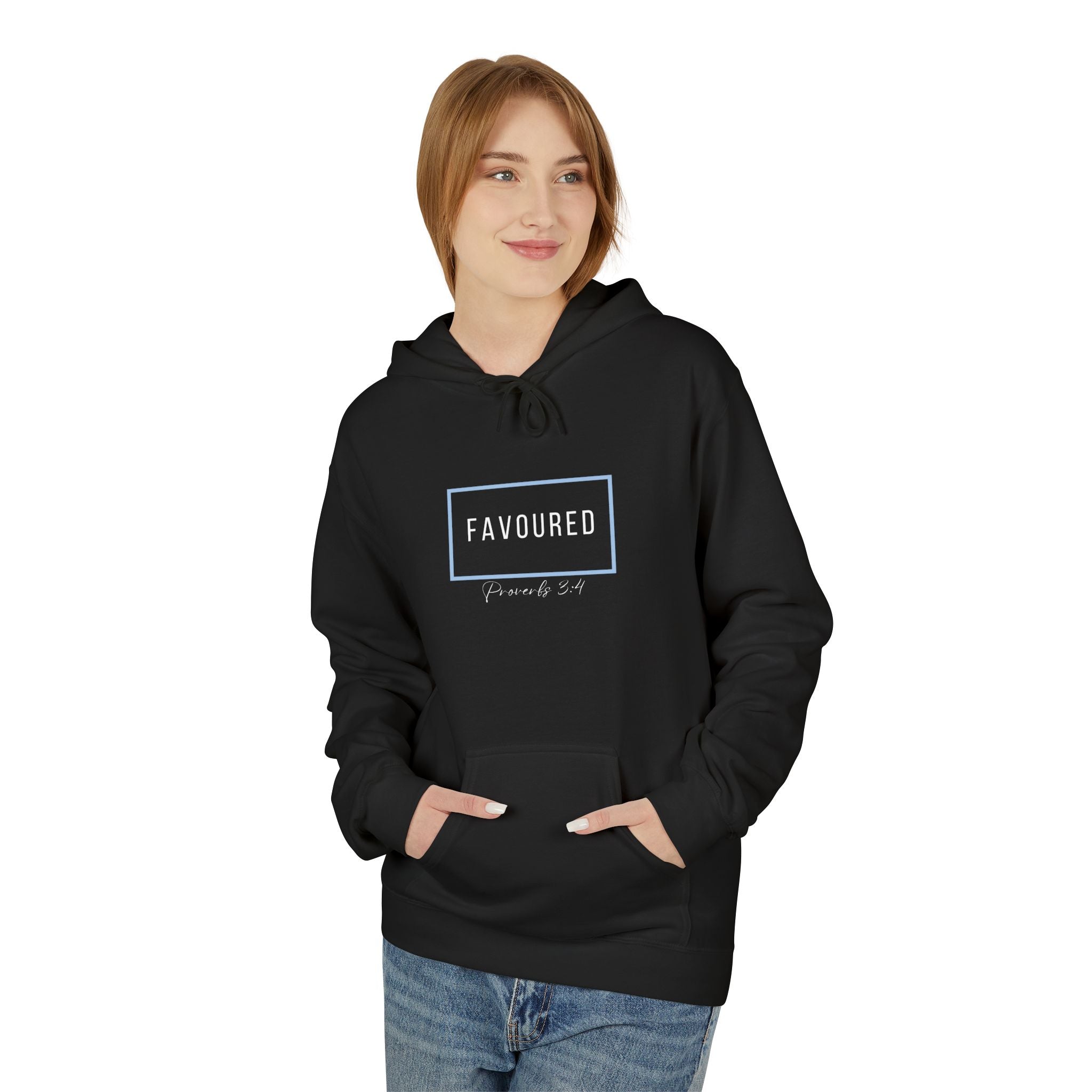 Favoured Christian Hoodie – Proverbs 3:4 Minimalist Script Hoodie | Faith-Based Unisex Pullover