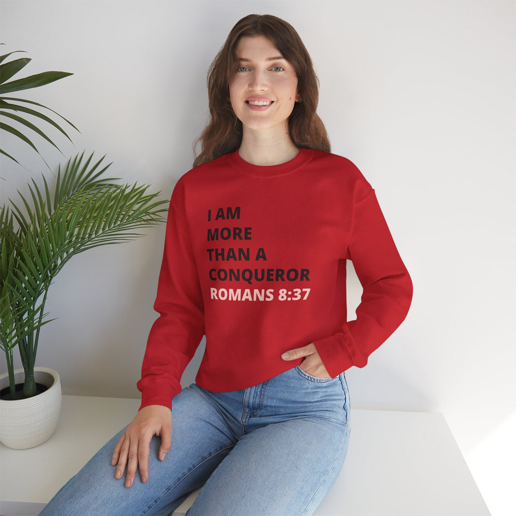 I Am More Than a Conqueror Sweatshirt — Romans 8:37 Christian Crewneck | Faith-Based Unisex Pullover | Inspirational Scripture Sweatshirt