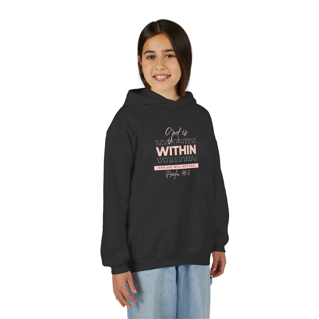 God Is Within Her Youth Hoodie — Psalm 46:5 Christian Hoodie for Girls | Inspirational Faith-Based Kids Pullover