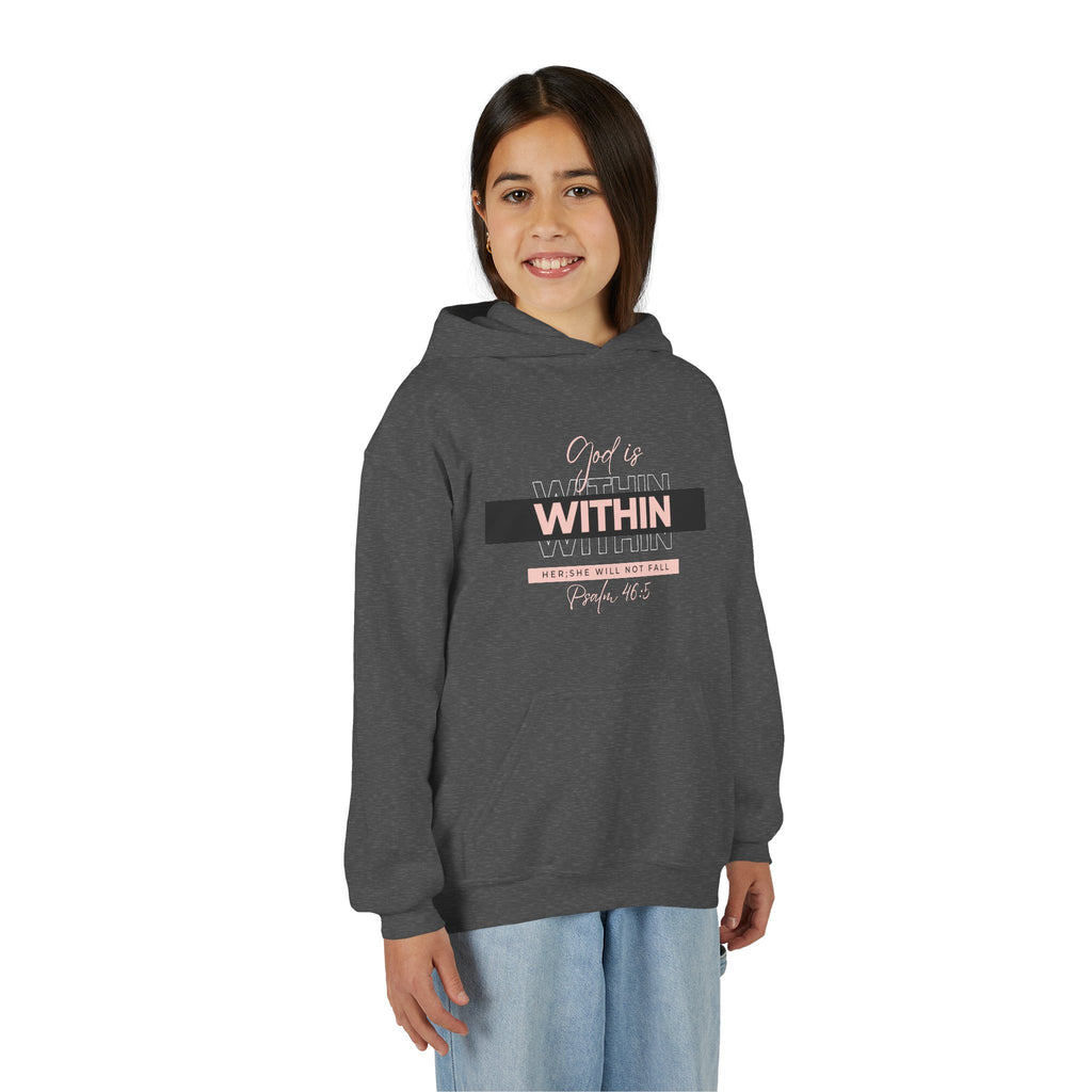 God Is Within Her Youth Hoodie — Psalm 46:5 Christian Hoodie for Girls | Inspirational Faith-Based Kids Pullover