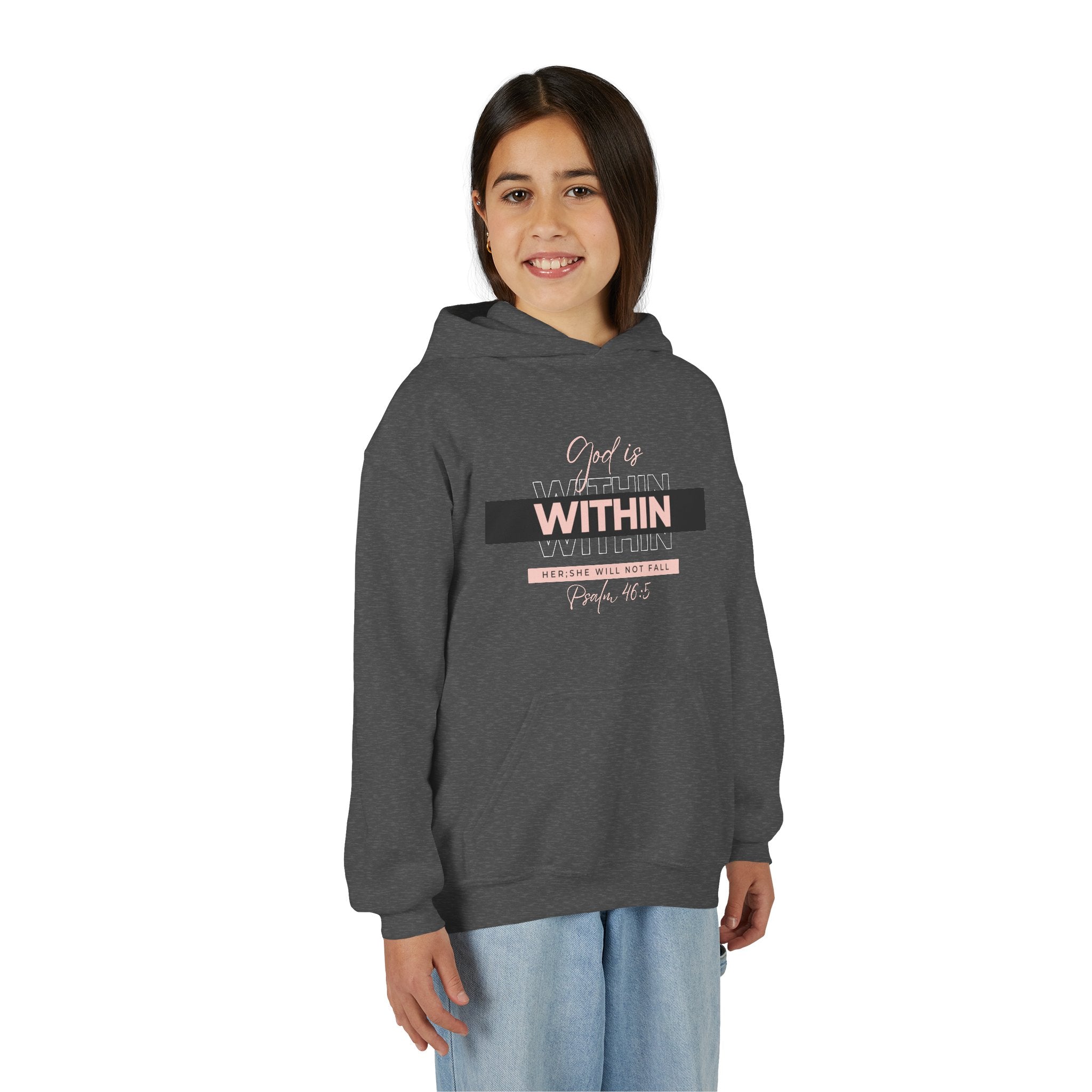 God Is Within Her Youth Hoodie — Psalm 46:5 Christian Hoodie for Girls | Inspirational Faith-Based Kids Pullover