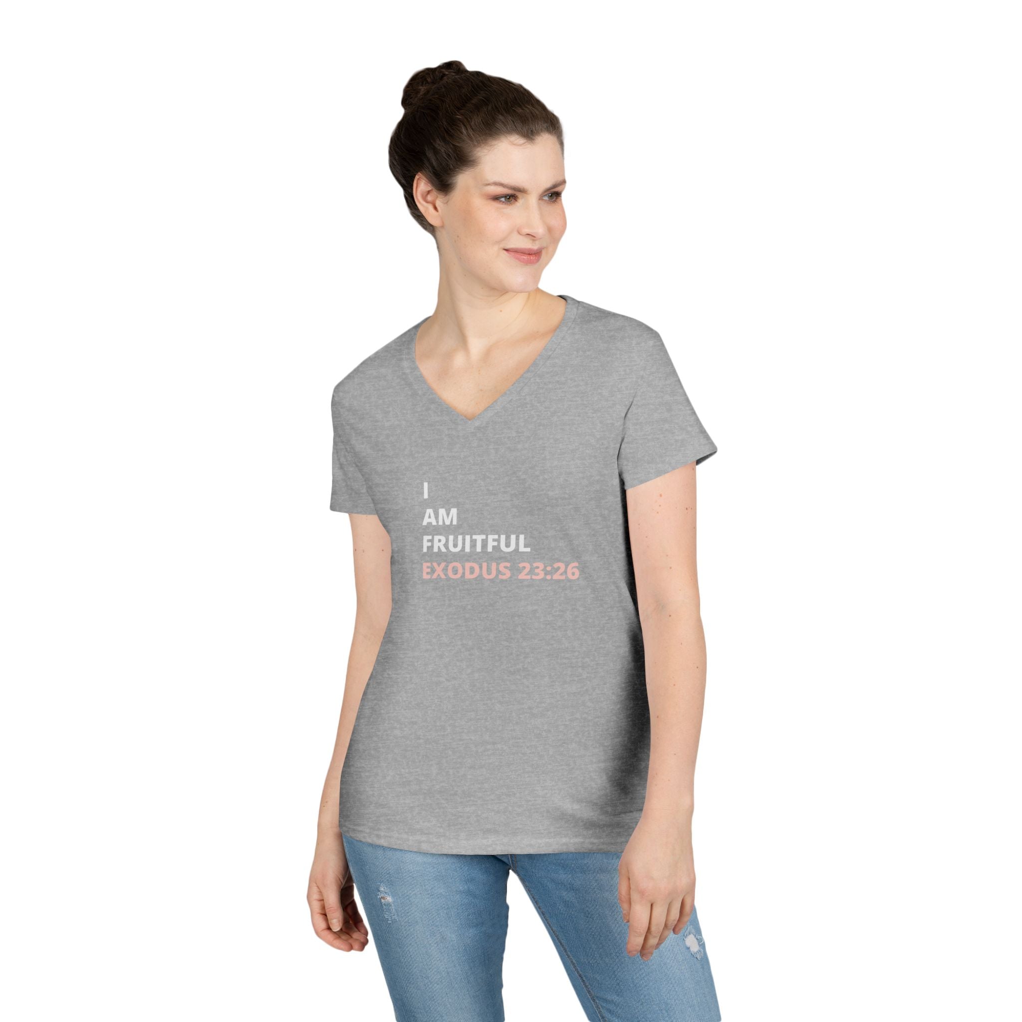 I Am Fruitful V-Neck T-Shirt – Christian Women’s Faith Tee (Exodus 23:26 Scripture)