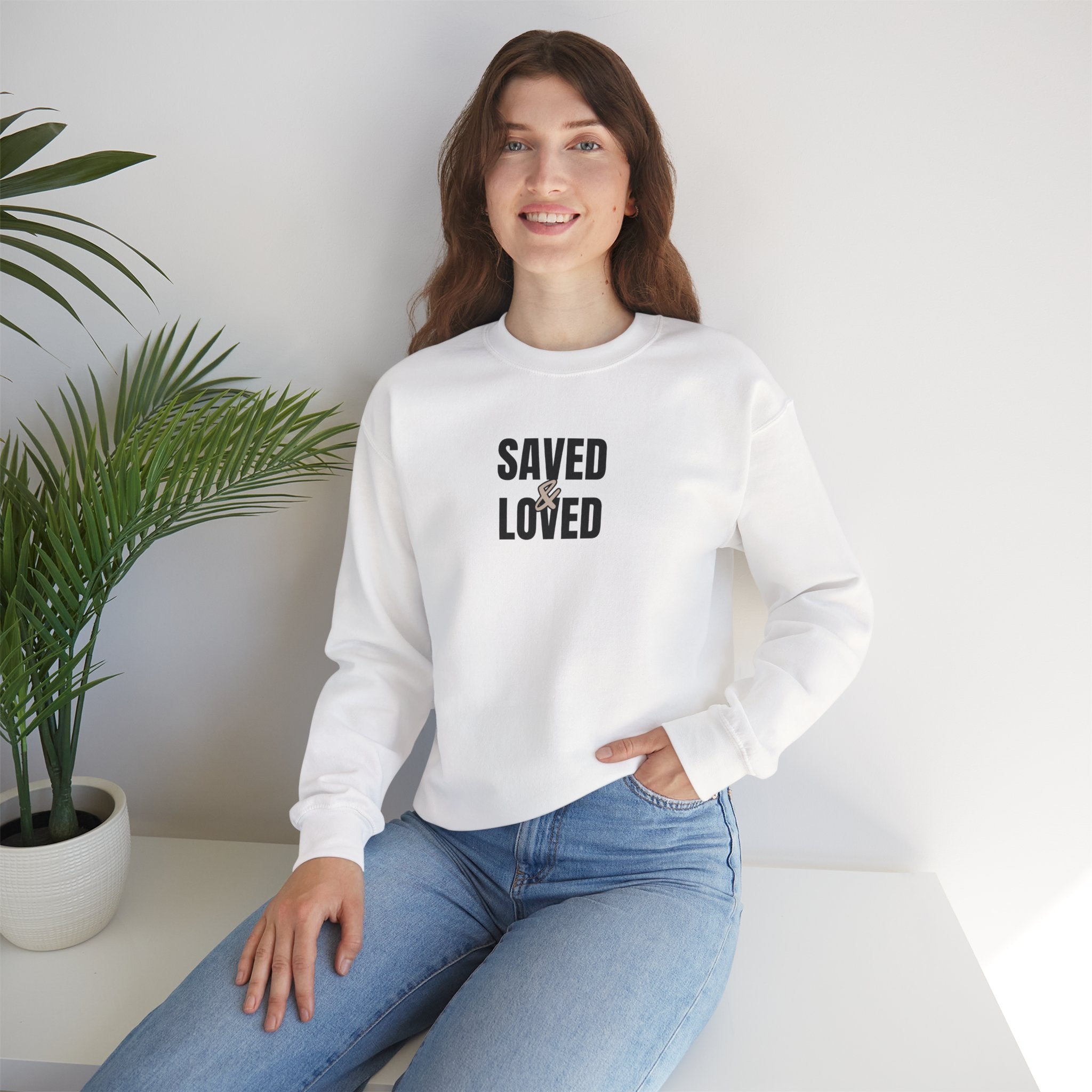Saved & Loved Crewneck Sweatshirt — Psalm 91:16 Christian Faith Sweatshirt
