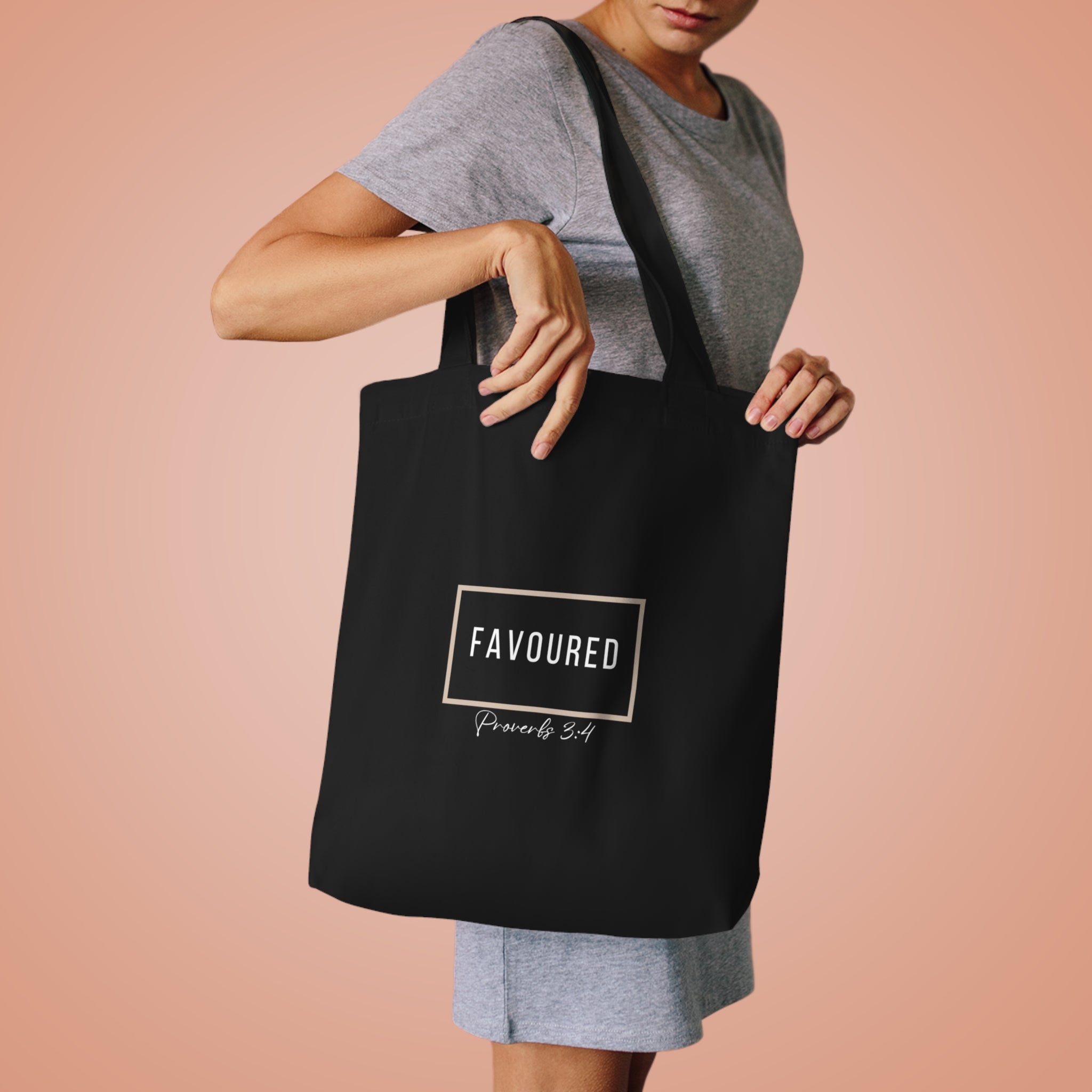 Favoured Cotton Tote Bag – Proverbs 3:4 Christian Scripture Tote | Faith-Inspired Reusable Shopper