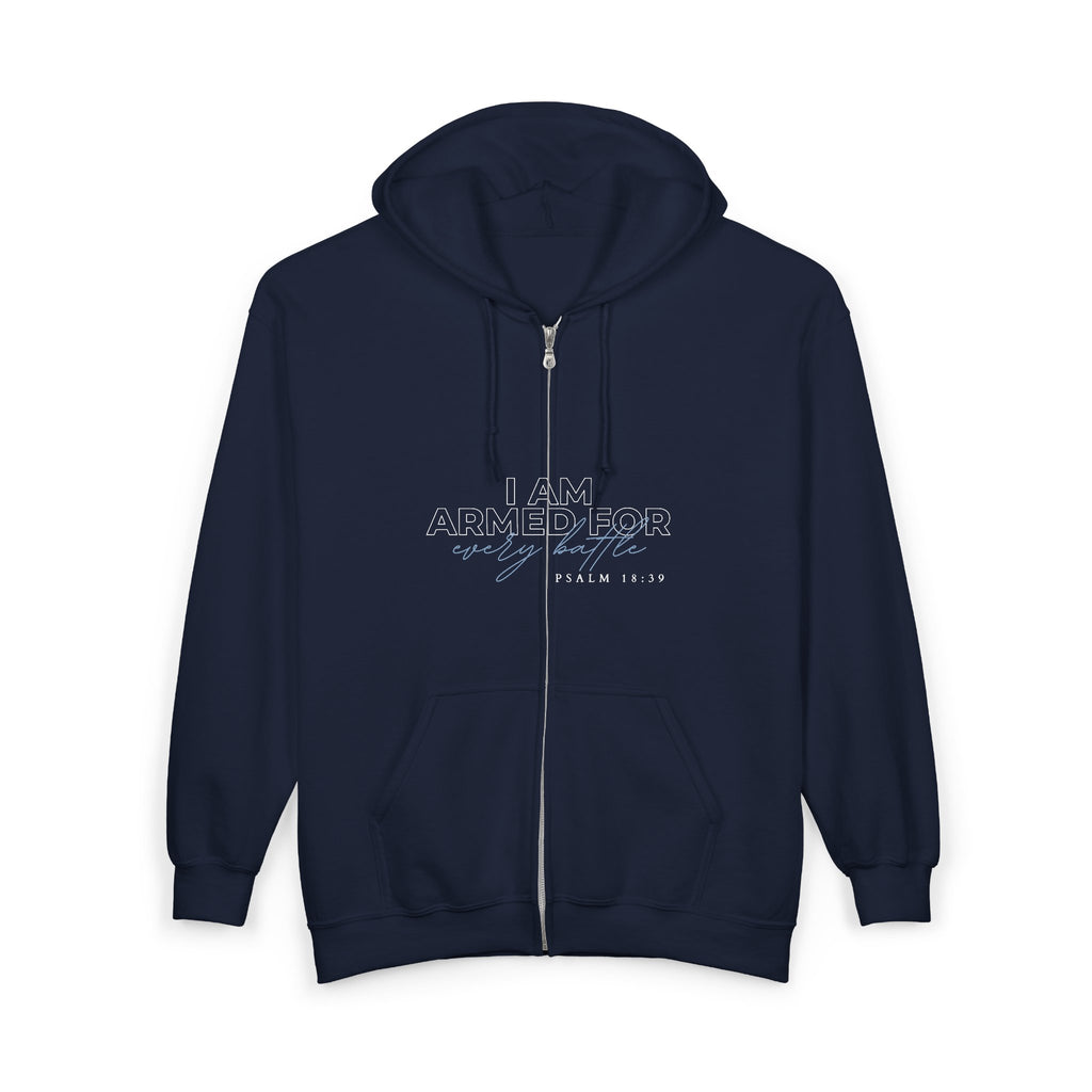 I Am Armed for Every Battle Hoodie — Psalm 18:39 Christian Full-Zip Scripture Hoodie