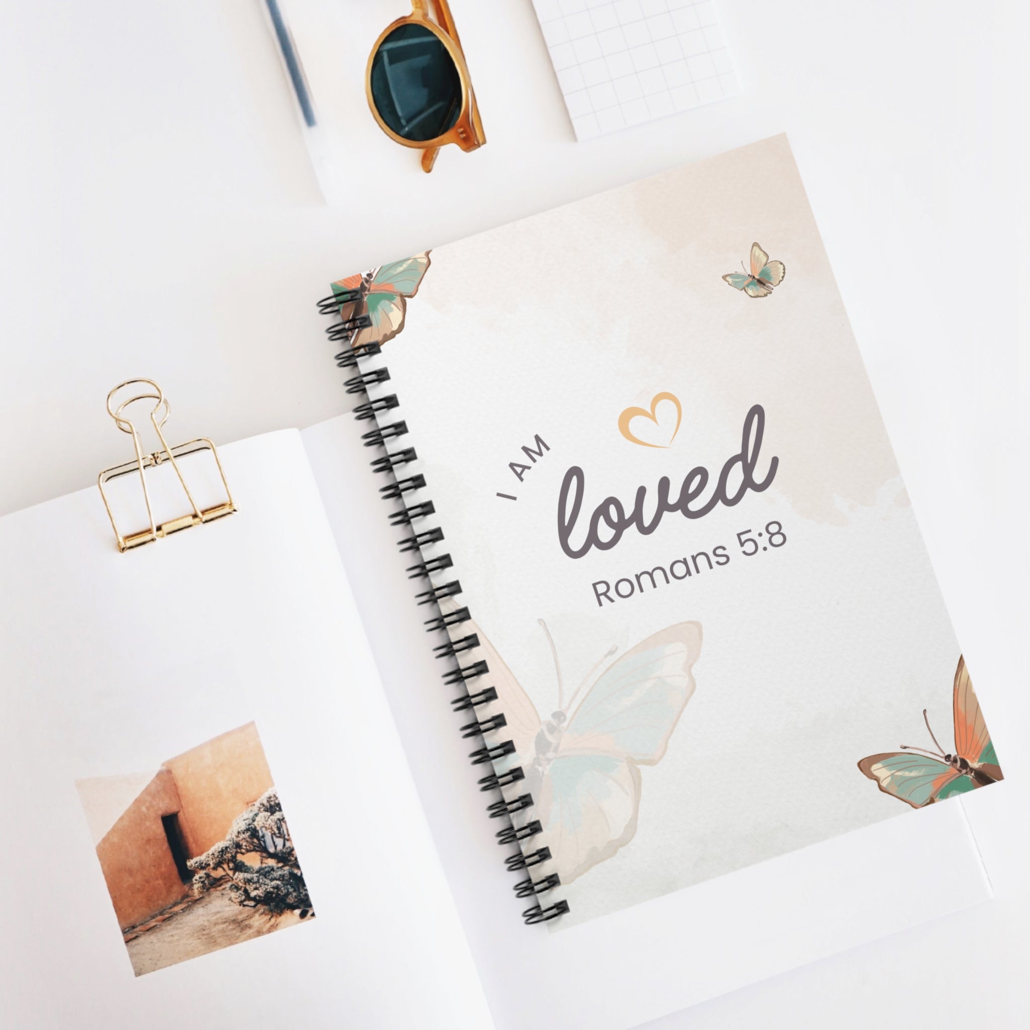 I Am Loved Romans 5:8 Spiral Notebook – Christian Prayer Journal with Butterfly Design