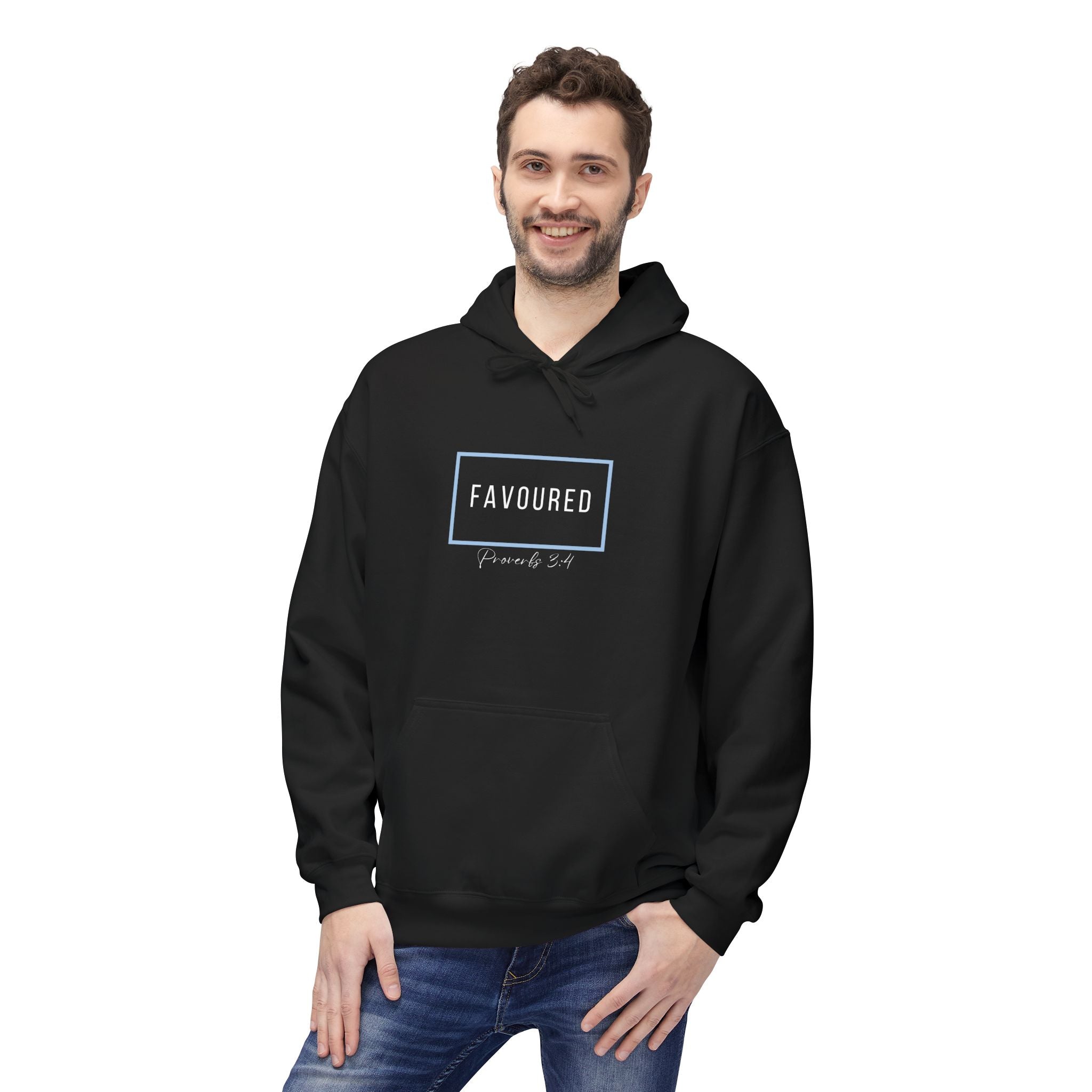 Favoured Christian Hoodie – Proverbs 3:4 Minimalist Script Hoodie | Faith-Based Unisex Pullover