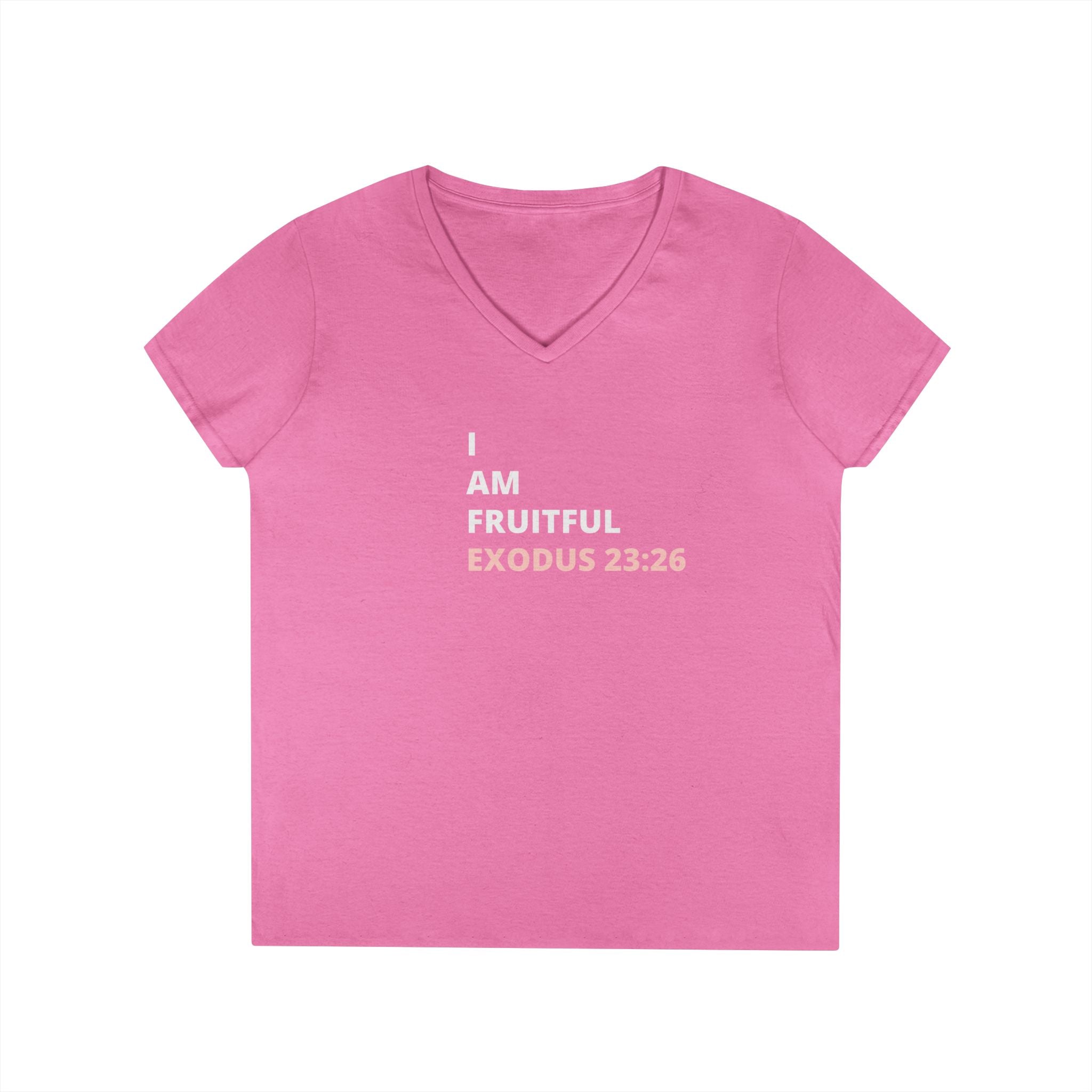 I Am Fruitful V-Neck T-Shirt – Christian Women’s Faith Tee (Exodus 23:26 Scripture)