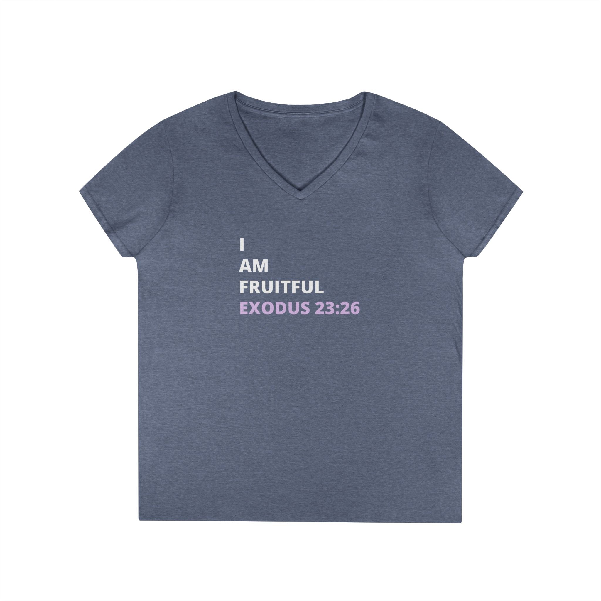 I Am Fruitful V-Neck T-Shirt – Christian Women’s Faith Tee (Exodus 23:26 Scripture)