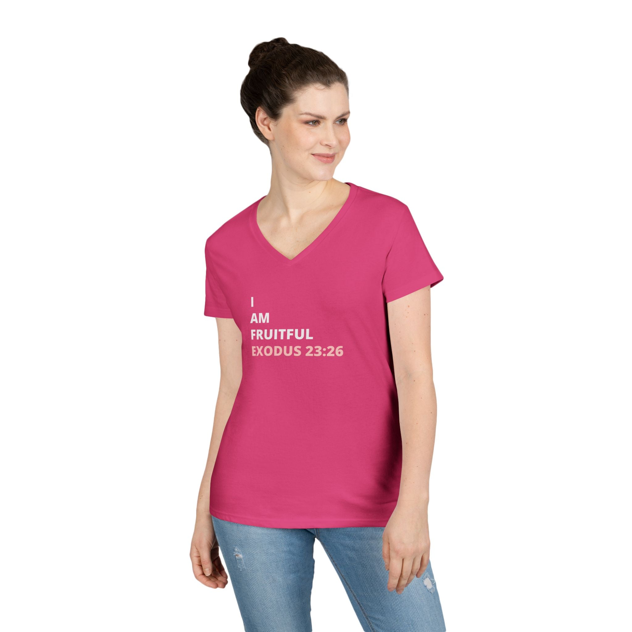 I Am Fruitful V-Neck T-Shirt – Christian Women’s Faith Tee (Exodus 23:26 Scripture)
