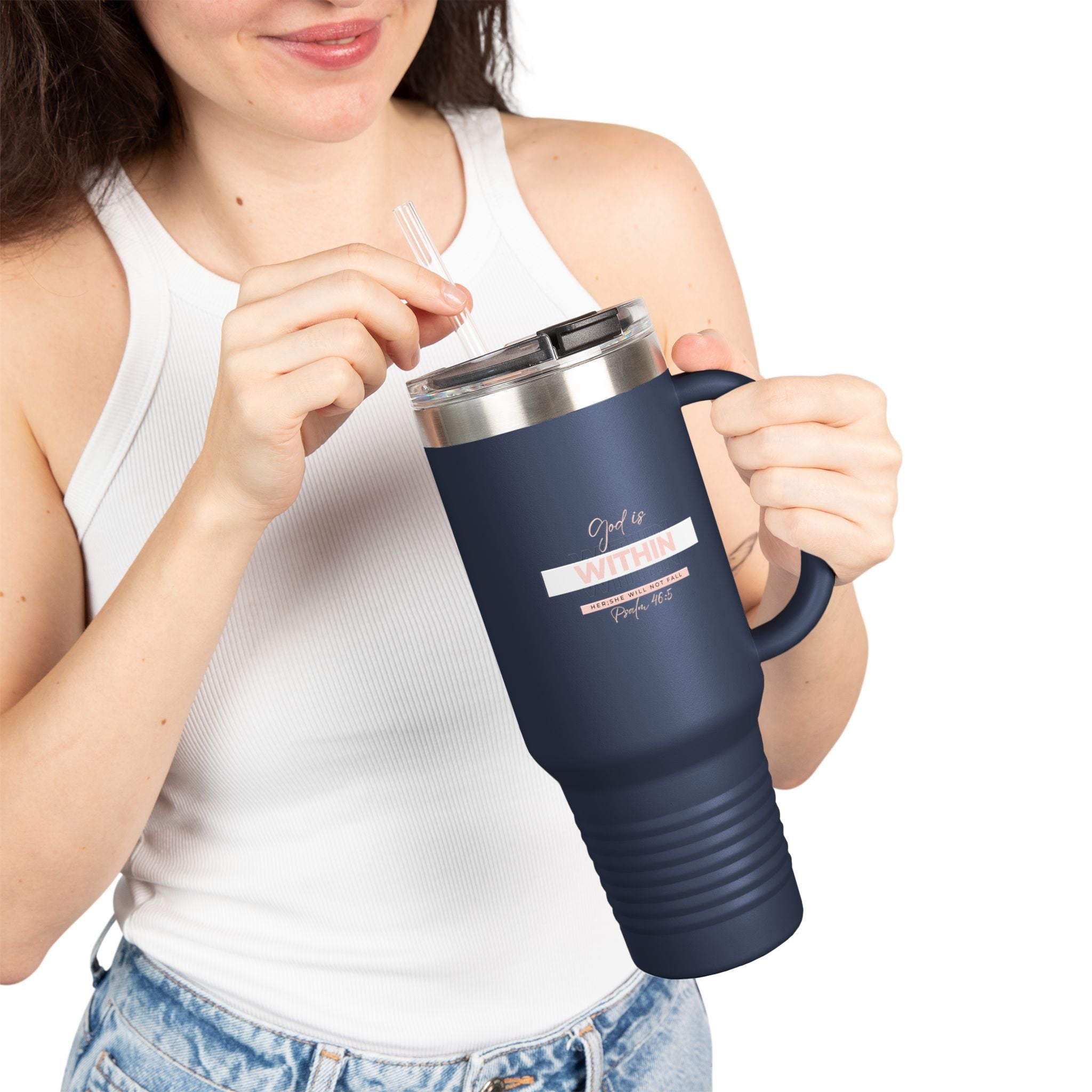 God Is Within Her Insulated Travel Mug — Psalm 46:5 Christian Tumbler with Handle