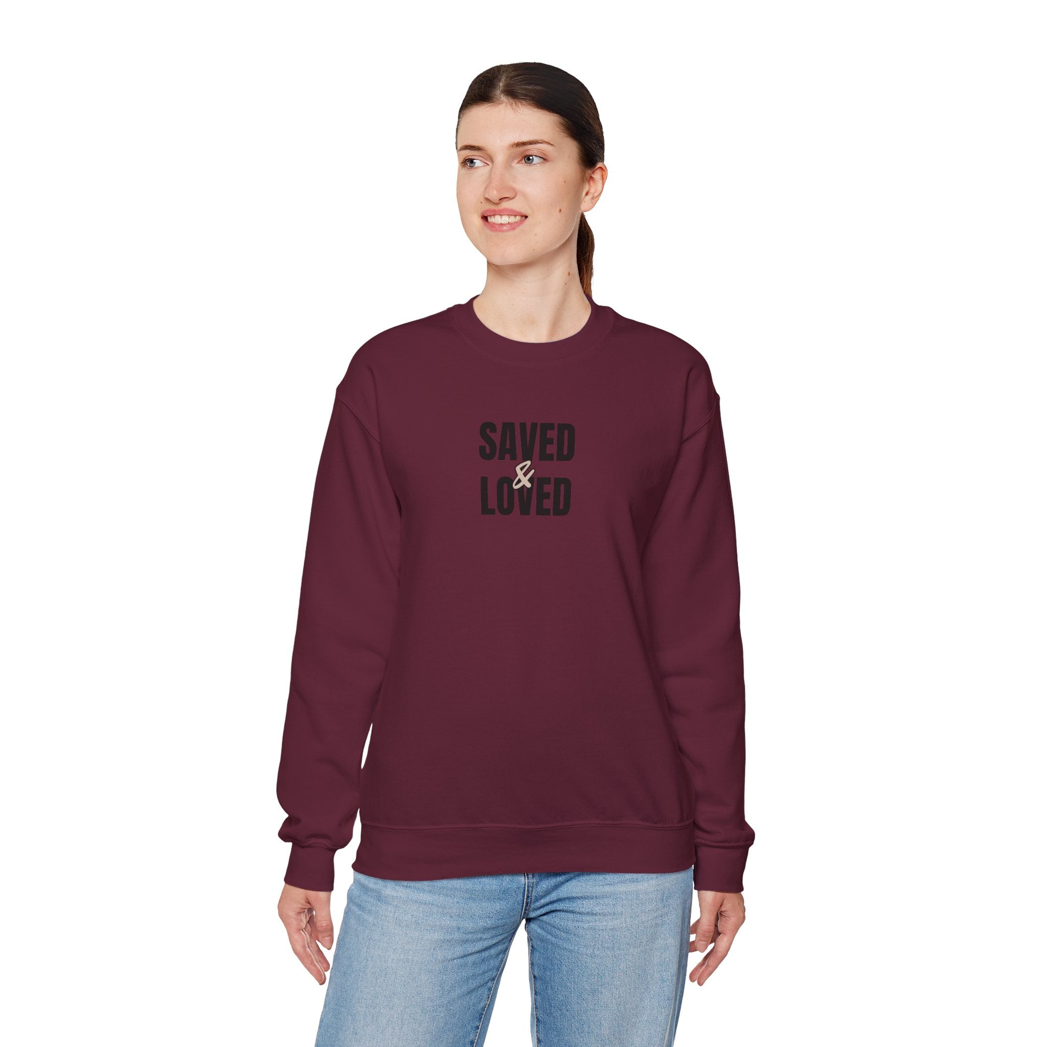 Saved & Loved Crewneck Sweatshirt — Psalm 91:16 Christian Faith Sweatshirt