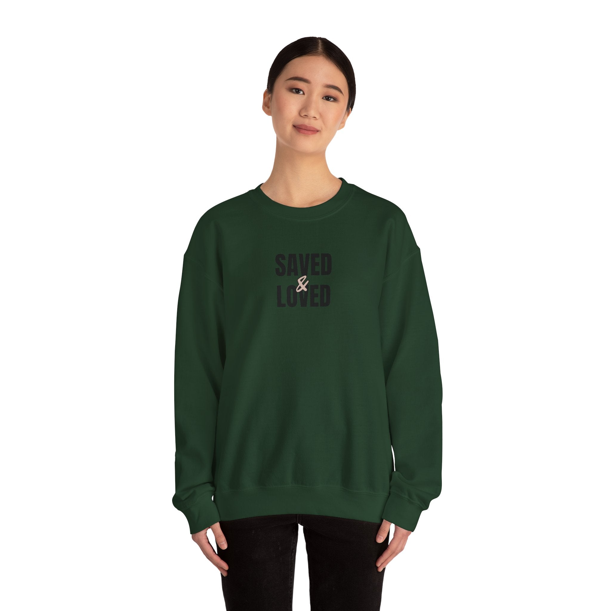 Saved & Loved Crewneck Sweatshirt — Psalm 91:16 Christian Faith Sweatshirt