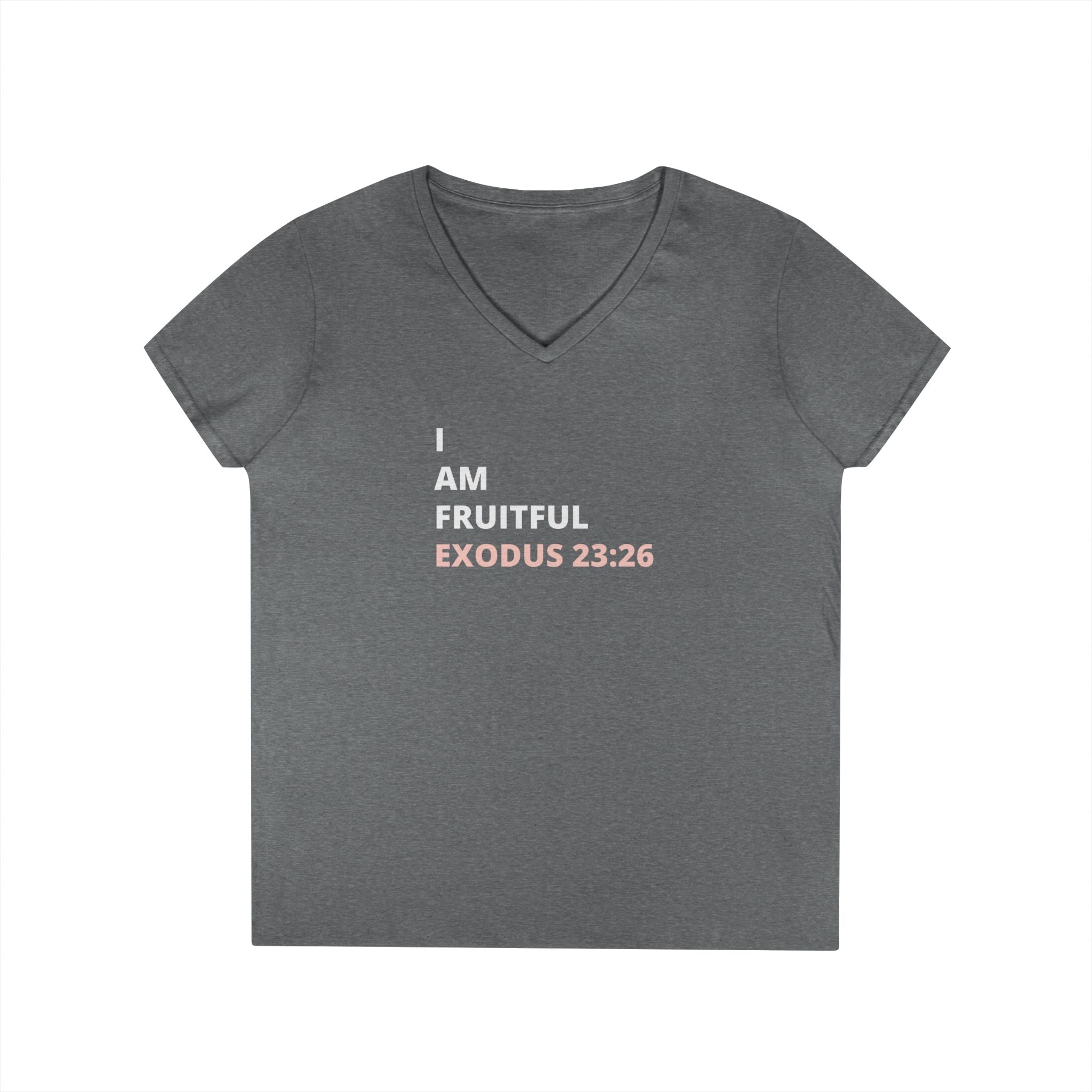 I Am Fruitful V-Neck T-Shirt – Christian Women’s Faith Tee (Exodus 23:26 Scripture)
