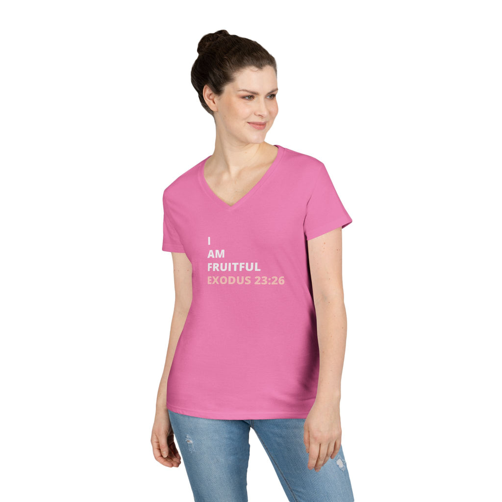 I Am Fruitful V-Neck T-Shirt – Christian Women’s Faith Tee (Exodus 23:26 Scripture)
