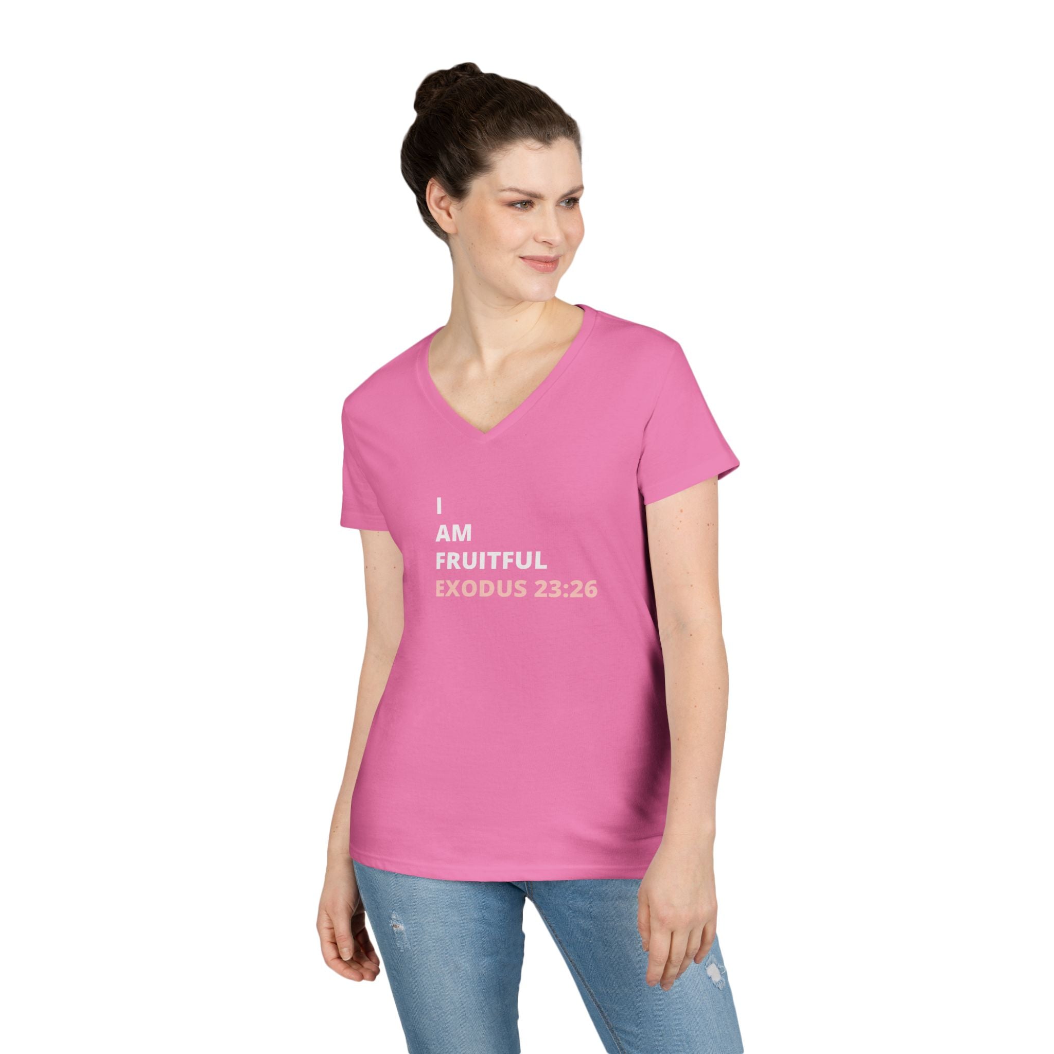 I Am Fruitful V-Neck T-Shirt – Christian Women’s Faith Tee (Exodus 23:26 Scripture)