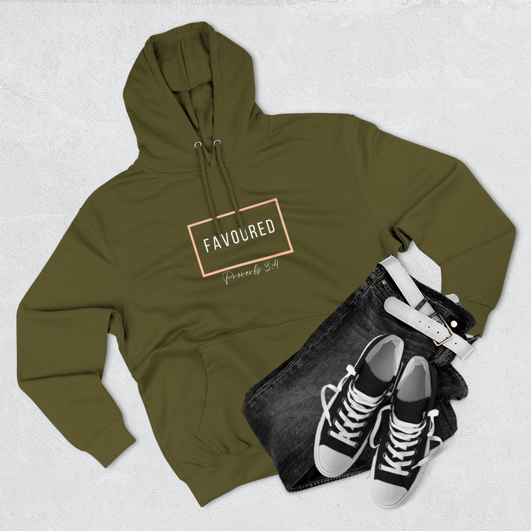 Favoured Christian Hoodie – Proverbs 3:4 Scripture Minimalist Hoodie | Faith-Based Unisex Fleece Pullover
