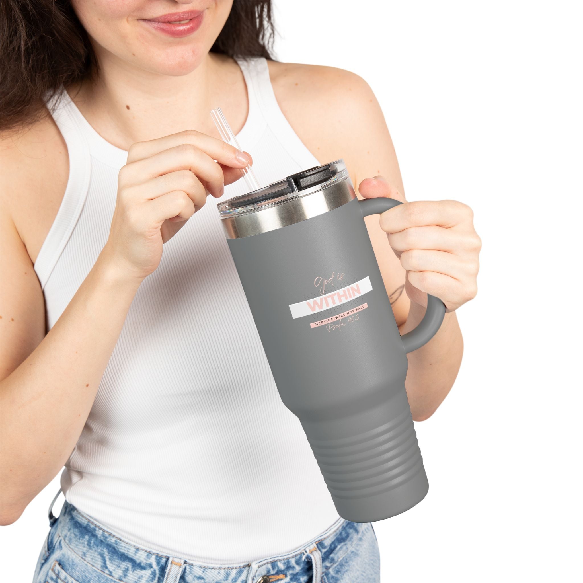 God Is Within Her Insulated Travel Mug — Psalm 46:5 Christian Tumbler with Handle