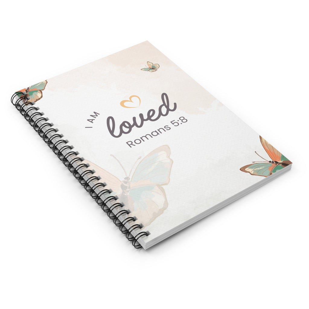 I Am Loved Romans 5:8 Spiral Notebook – Christian Prayer Journal with Butterfly Design