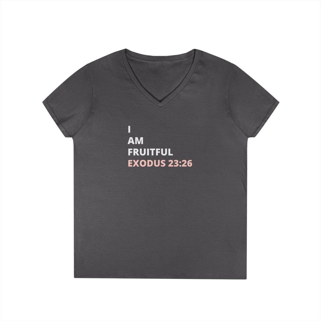 I Am Fruitful V-Neck T-Shirt – Christian Women’s Faith Tee (Exodus 23:26 Scripture)