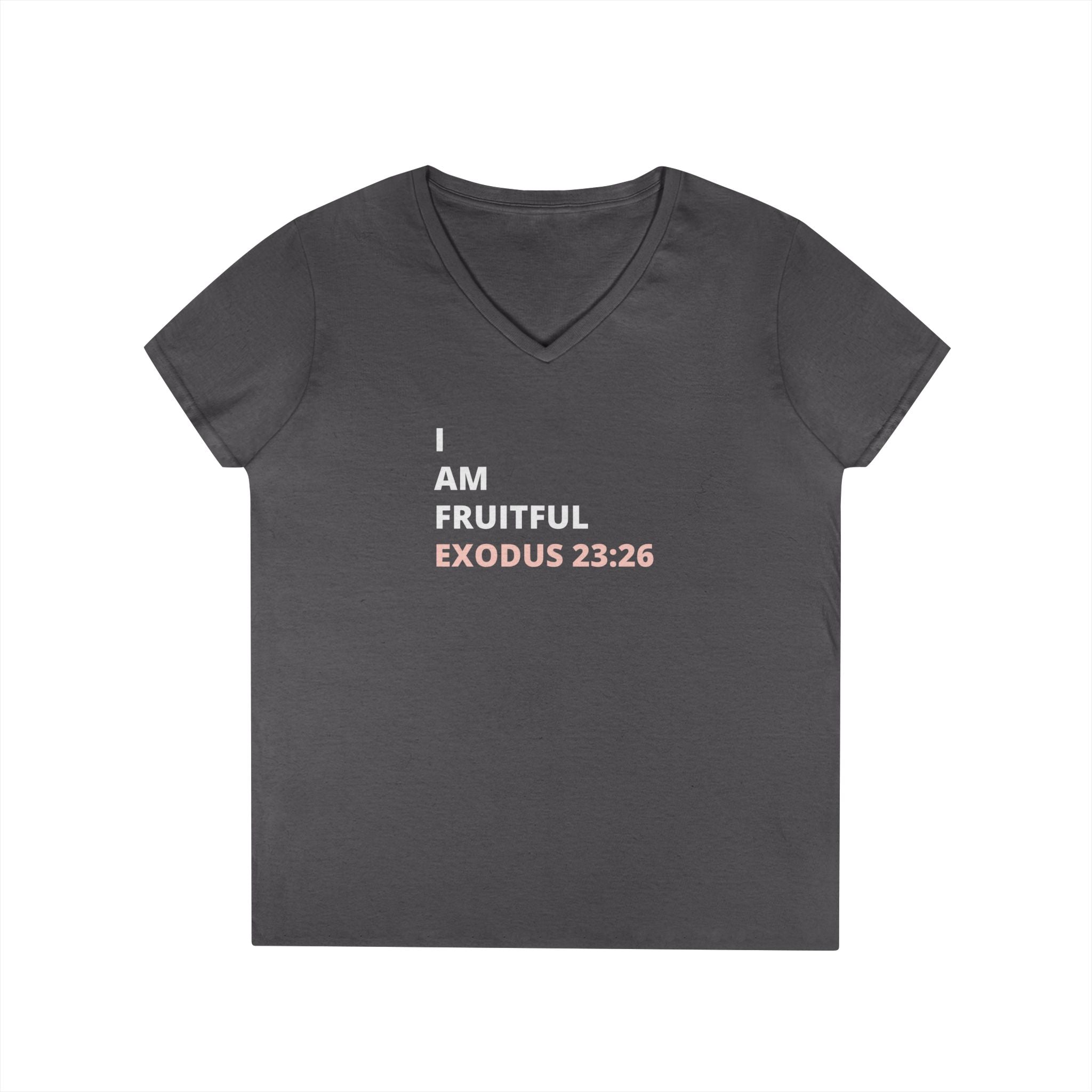 I Am Fruitful V-Neck T-Shirt – Christian Women’s Faith Tee (Exodus 23:26 Scripture)