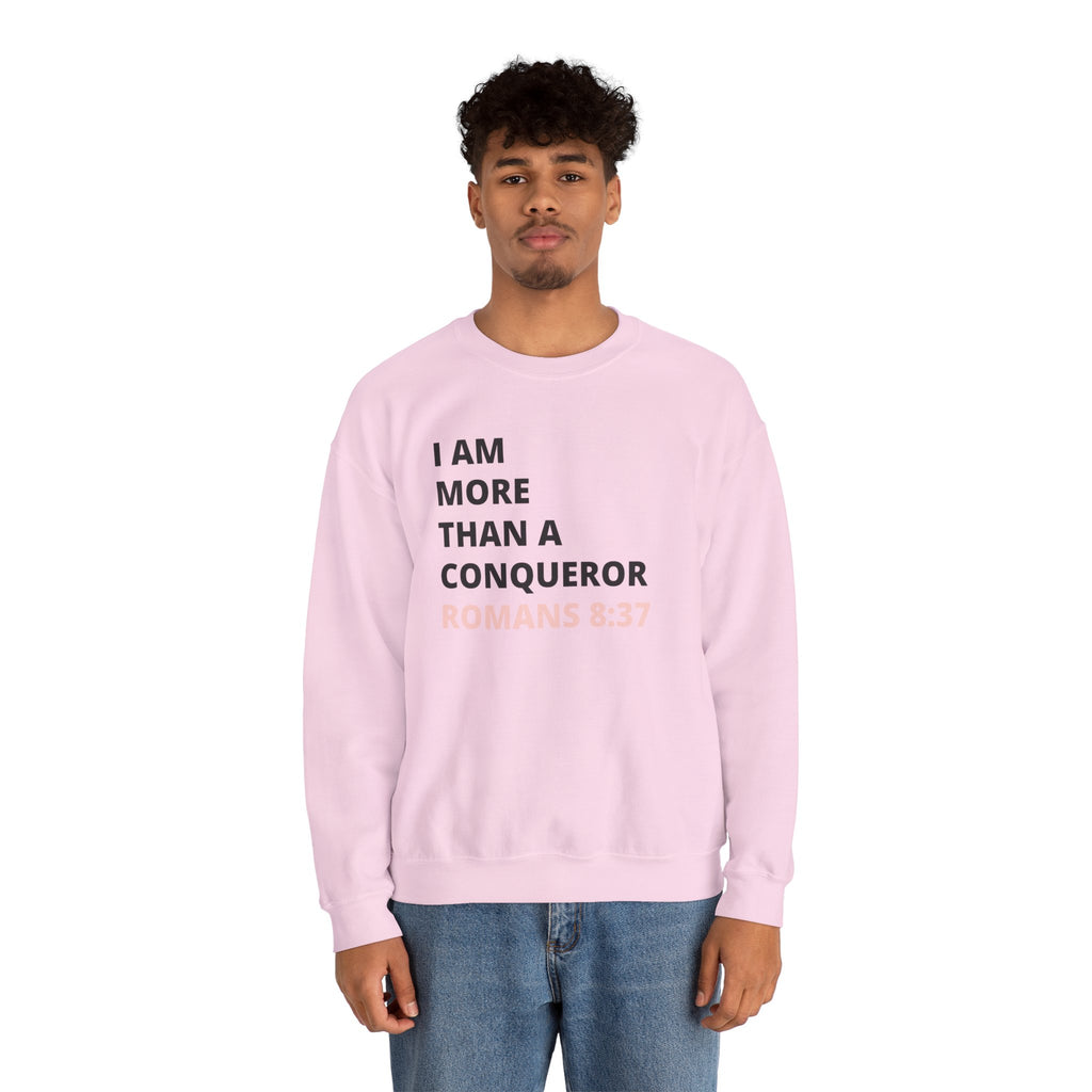 I Am More Than a Conqueror Sweatshirt — Romans 8:37 Christian Crewneck | Faith-Based Unisex Pullover | Inspirational Scripture Sweatshirt