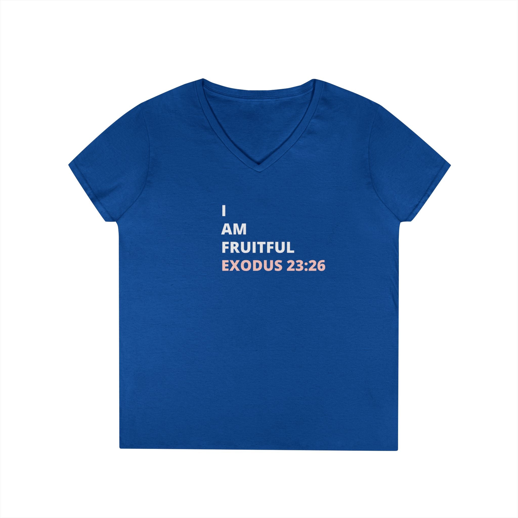 I Am Fruitful V-Neck T-Shirt – Christian Women’s Faith Tee (Exodus 23:26 Scripture)