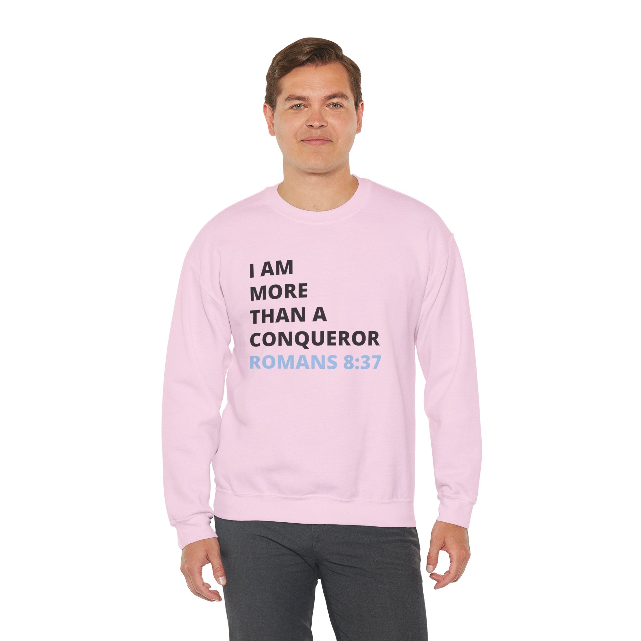 I Am More Than a Conqueror Sweatshirt – Romans 8:37 Christian Crewneck | Faith-Based Unisex Pullover