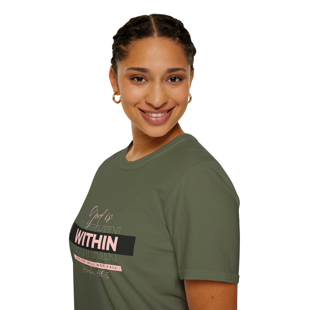 Christian T-Shirt – God Is Within Her (Psalm 46:5) – Inspirational Bible Verse Tee, Faith Apparel for Women