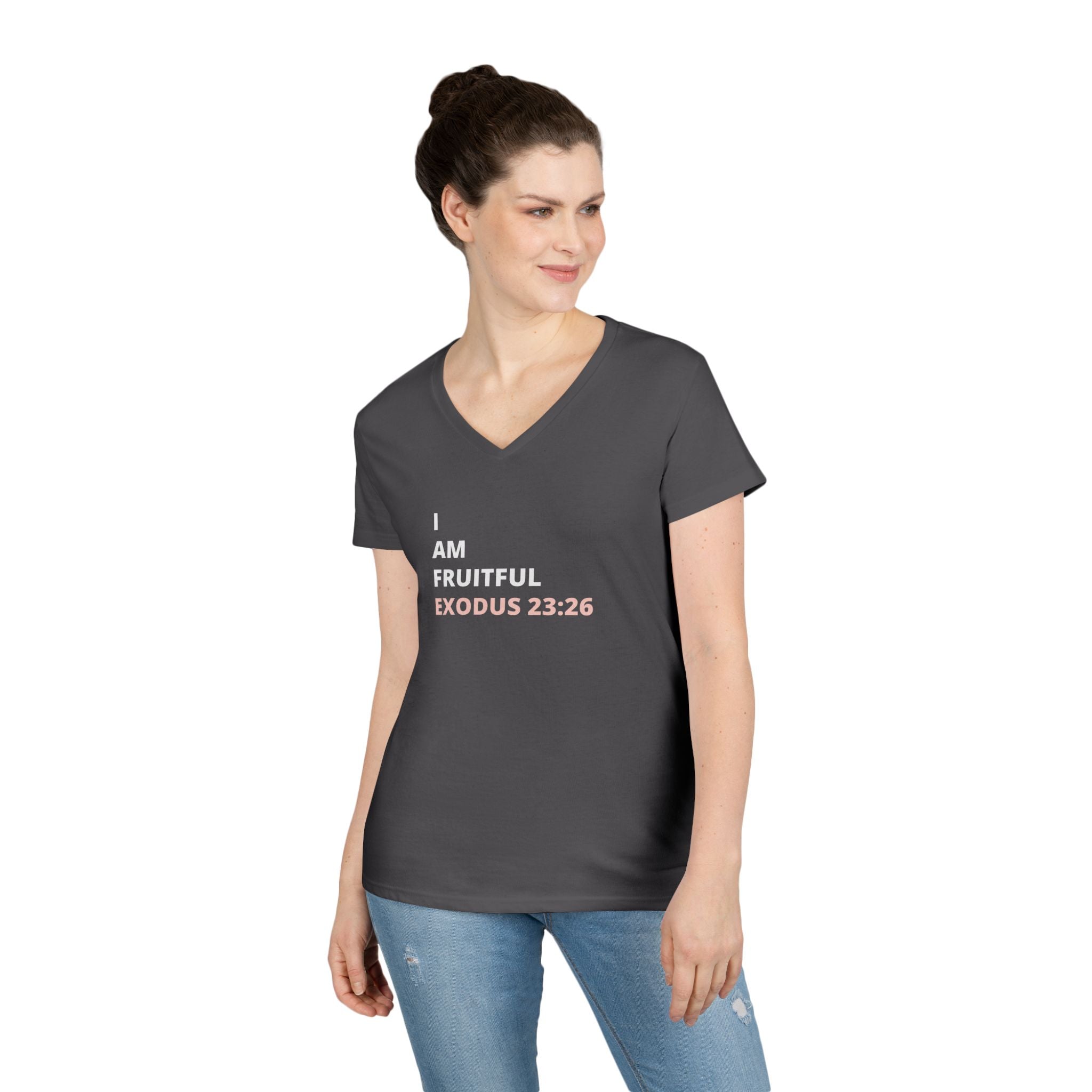 I Am Fruitful V-Neck T-Shirt – Christian Women’s Faith Tee (Exodus 23:26 Scripture)
