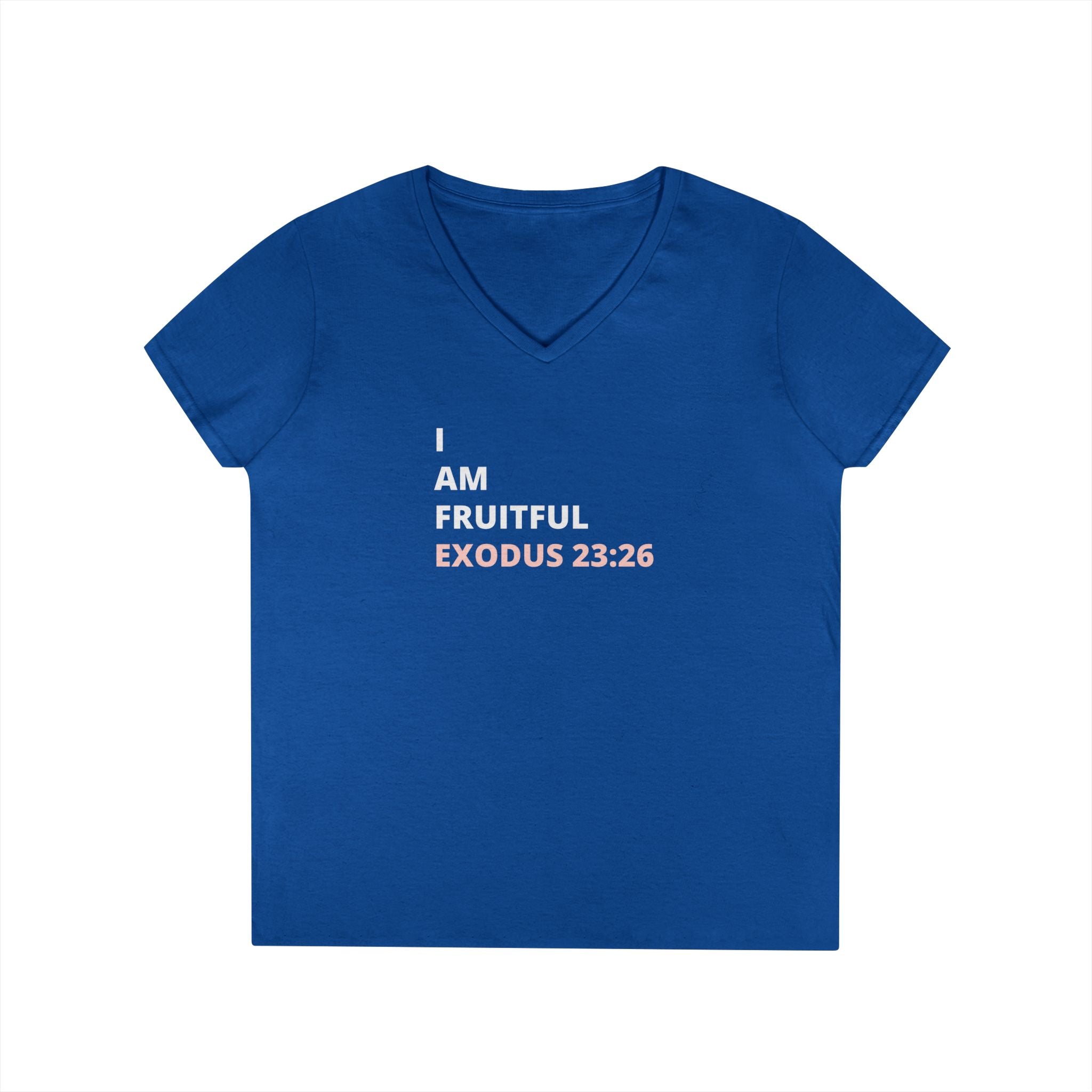I Am Fruitful V-Neck T-Shirt – Christian Women’s Faith Tee (Exodus 23:26 Scripture)