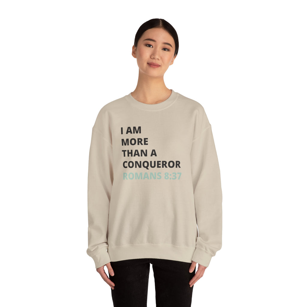 I Am More Than a Conqueror Sweatshirt — Romans 8:37 Christian Crewneck | Faith-Based Unisex Pullover | Inspirational Scripture Sweatshirt