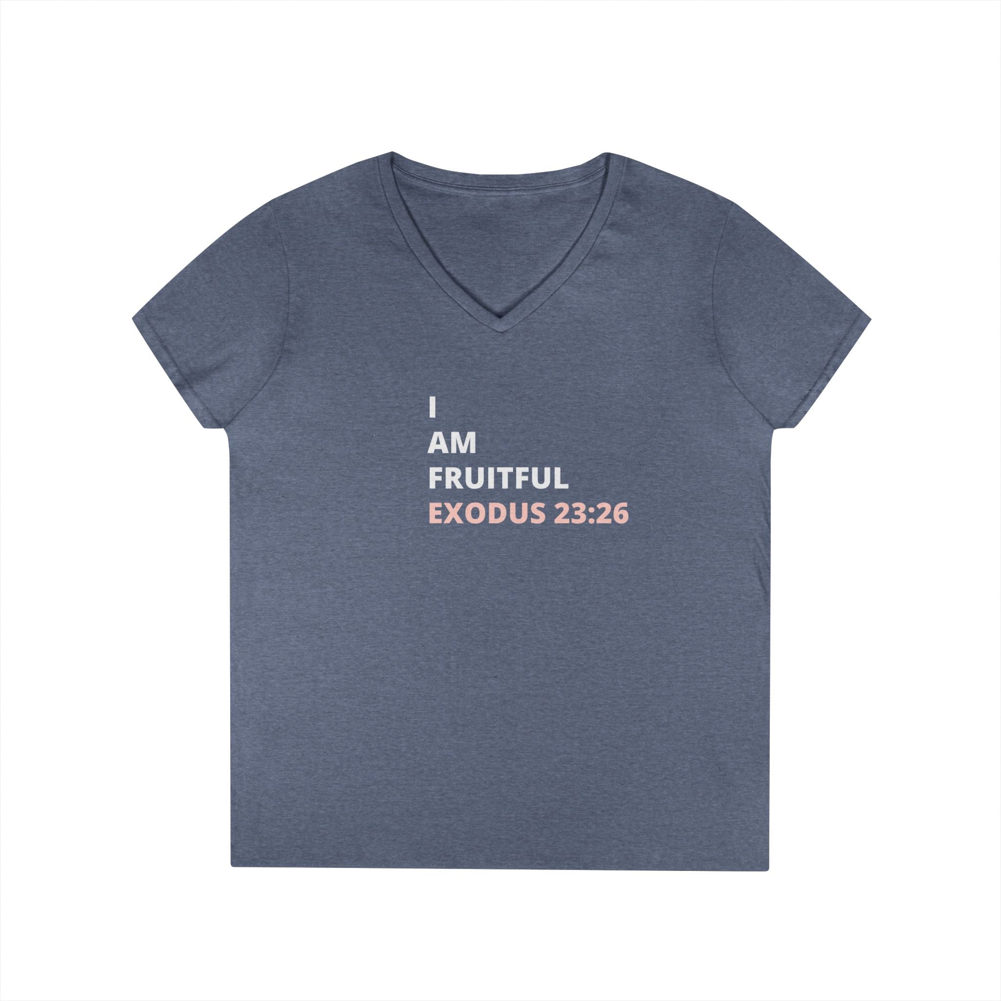 I Am Fruitful V-Neck T-Shirt – Christian Women’s Faith Tee (Exodus 23:26 Scripture)