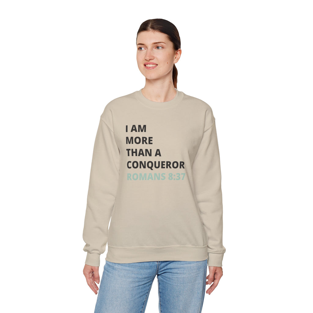 I Am More Than a Conqueror Sweatshirt — Romans 8:37 Christian Crewneck | Faith-Based Unisex Pullover | Inspirational Scripture Sweatshirt