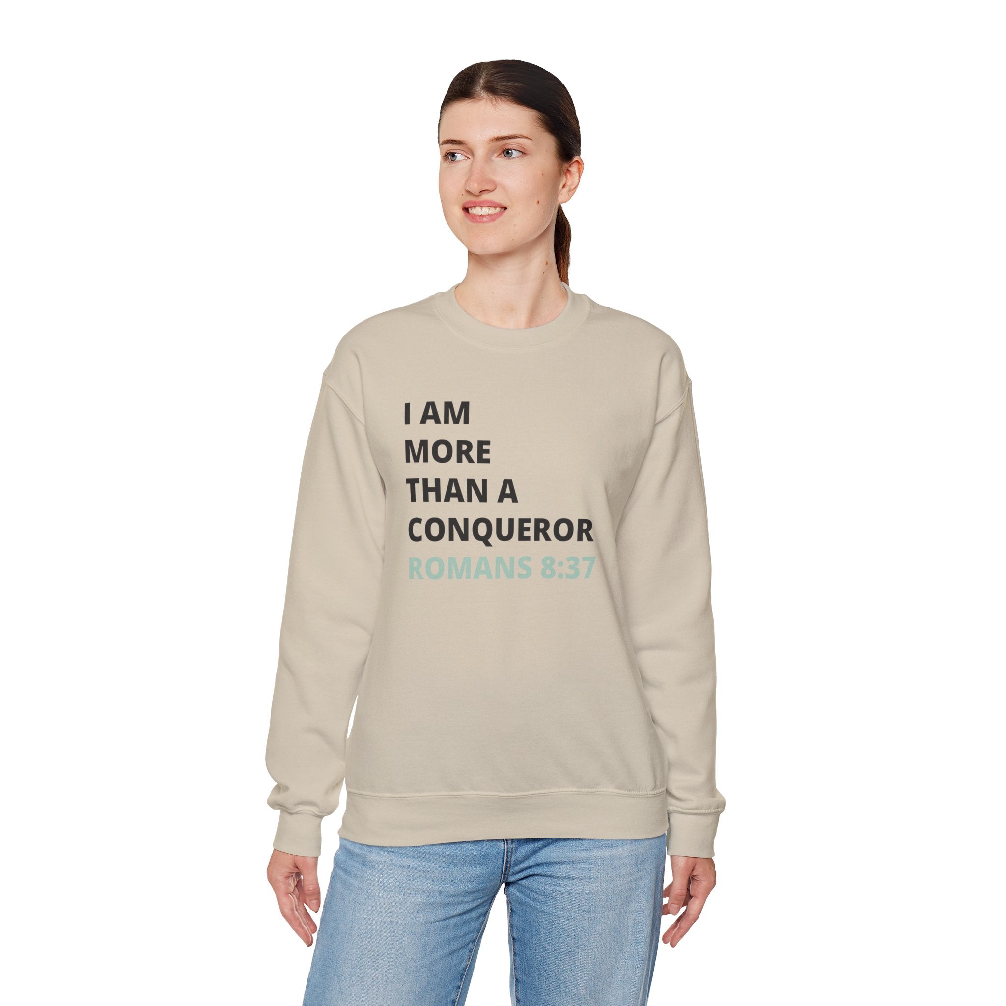I Am More Than a Conqueror Sweatshirt — Romans 8:37 Christian Crewneck | Faith-Based Unisex Pullover | Inspirational Scripture Sweatshirt