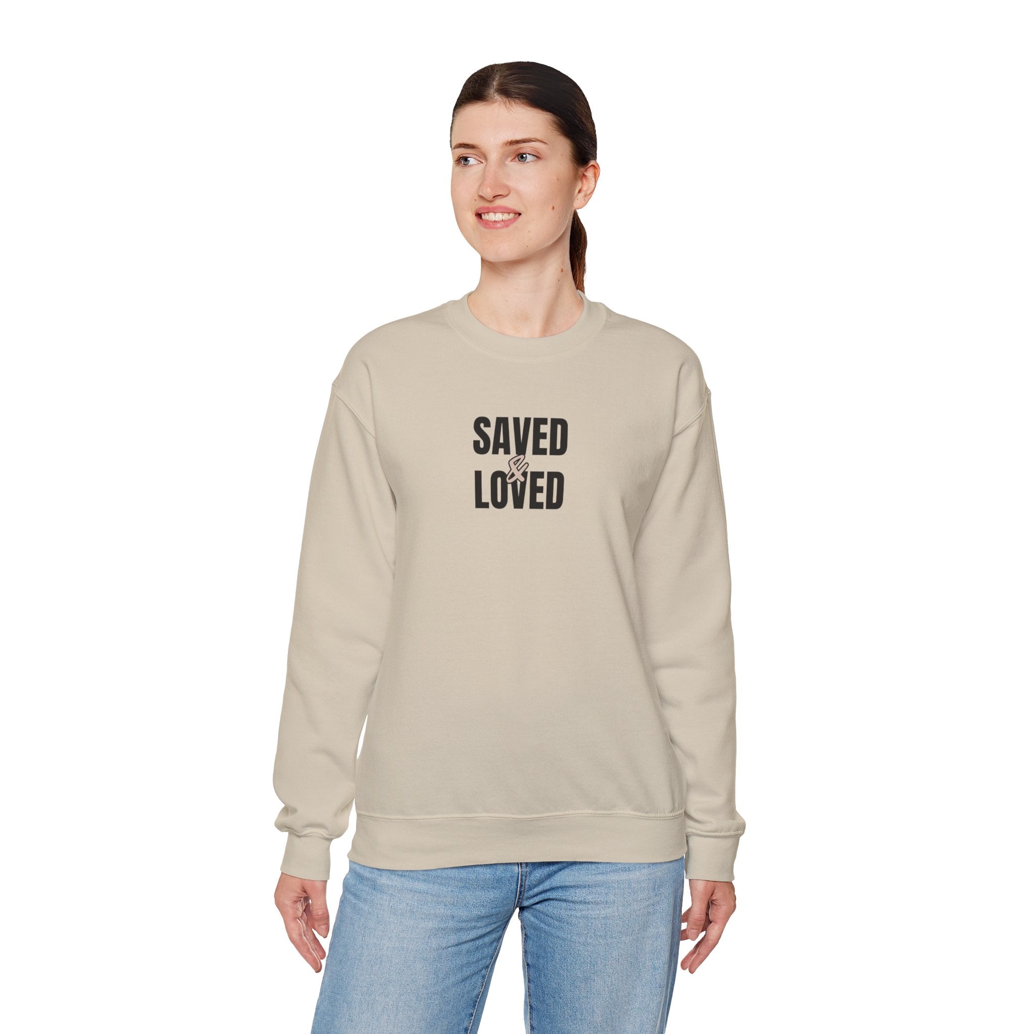 Saved & Loved Crewneck Sweatshirt — Psalm 91:16 Christian Faith Sweatshirt