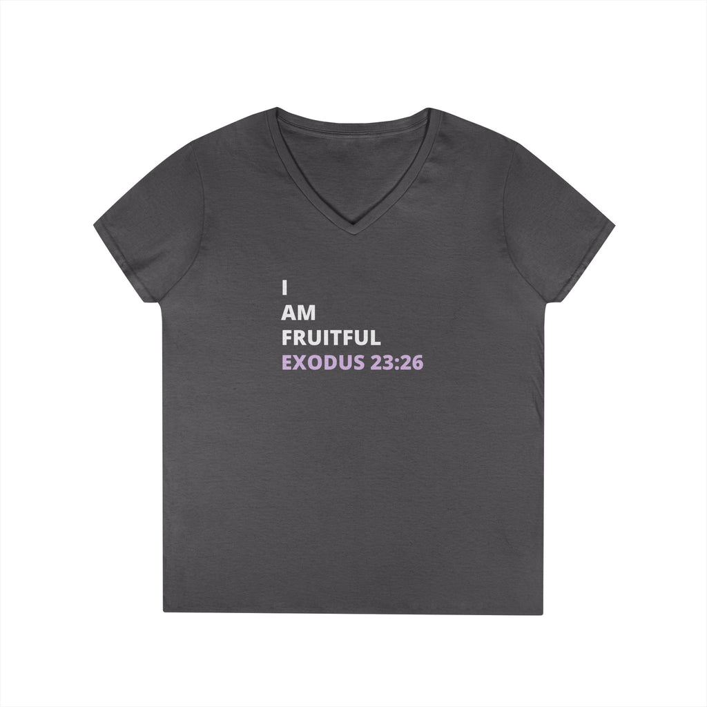 I Am Fruitful V-Neck T-Shirt – Christian Women’s Faith Tee (Exodus 23:26 Scripture)
