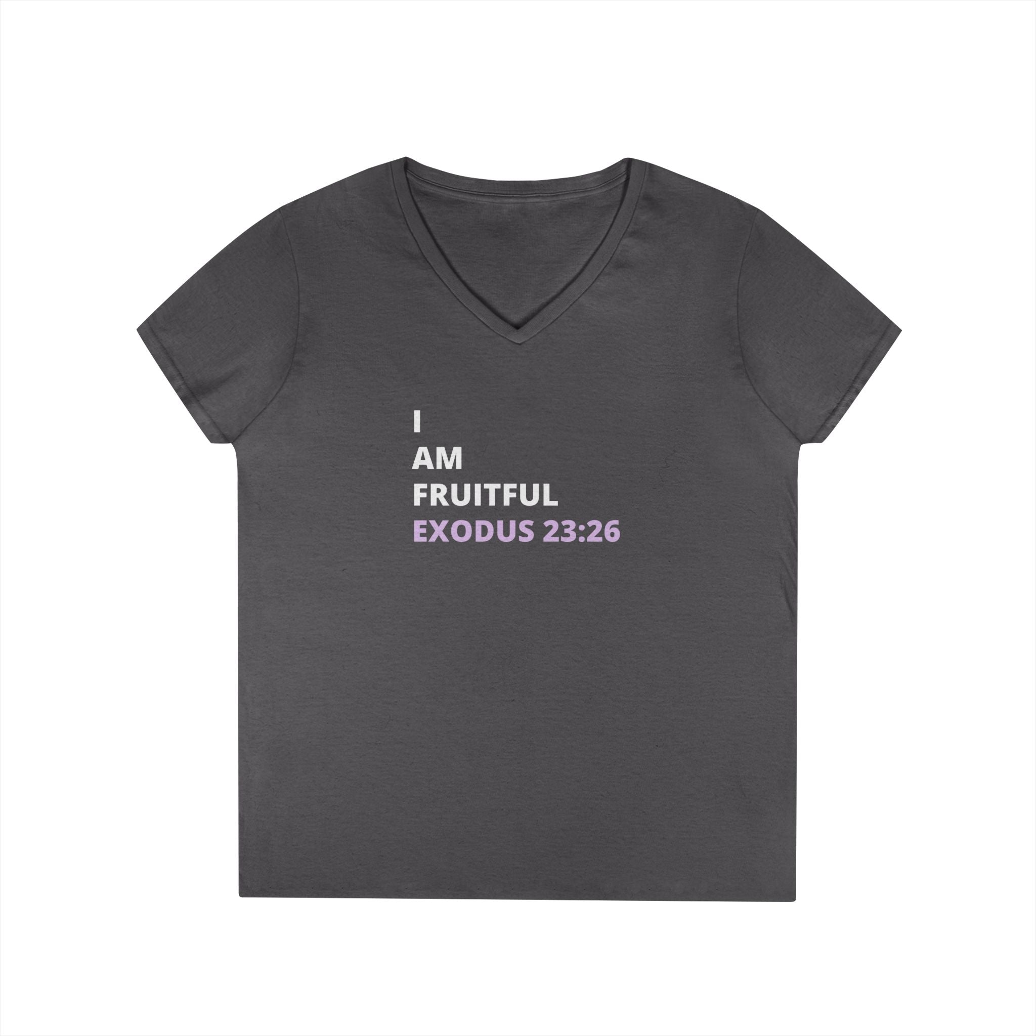 I Am Fruitful V-Neck T-Shirt – Christian Women’s Faith Tee (Exodus 23:26 Scripture)