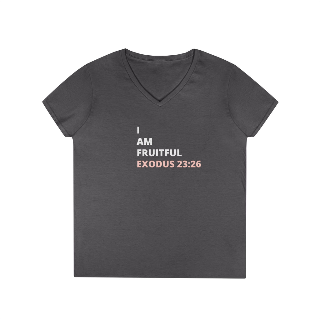 I Am Fruitful V-Neck T-Shirt – Christian Women’s Faith Tee (Exodus 23:26 Scripture)