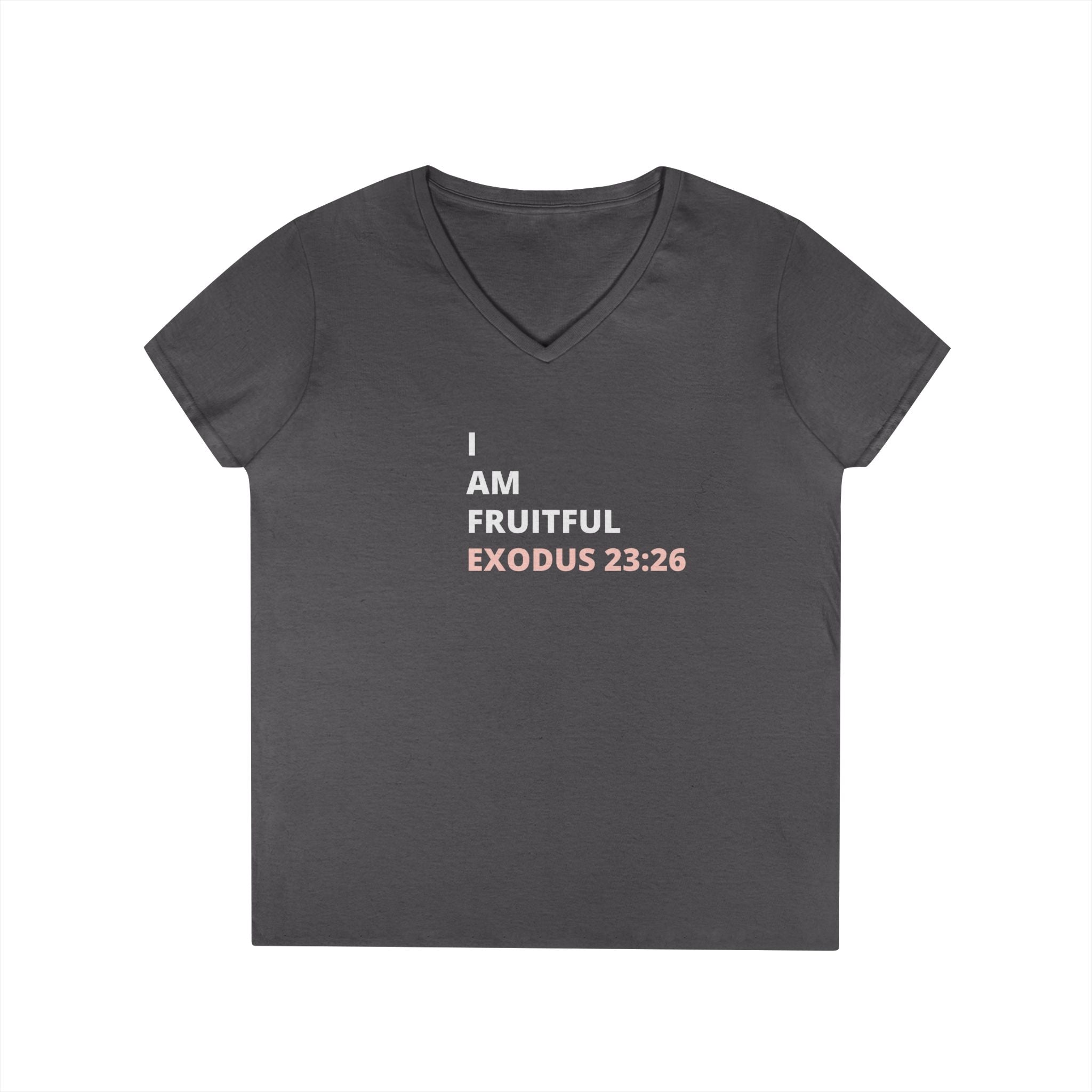 I Am Fruitful V-Neck T-Shirt – Christian Women’s Faith Tee (Exodus 23:26 Scripture)