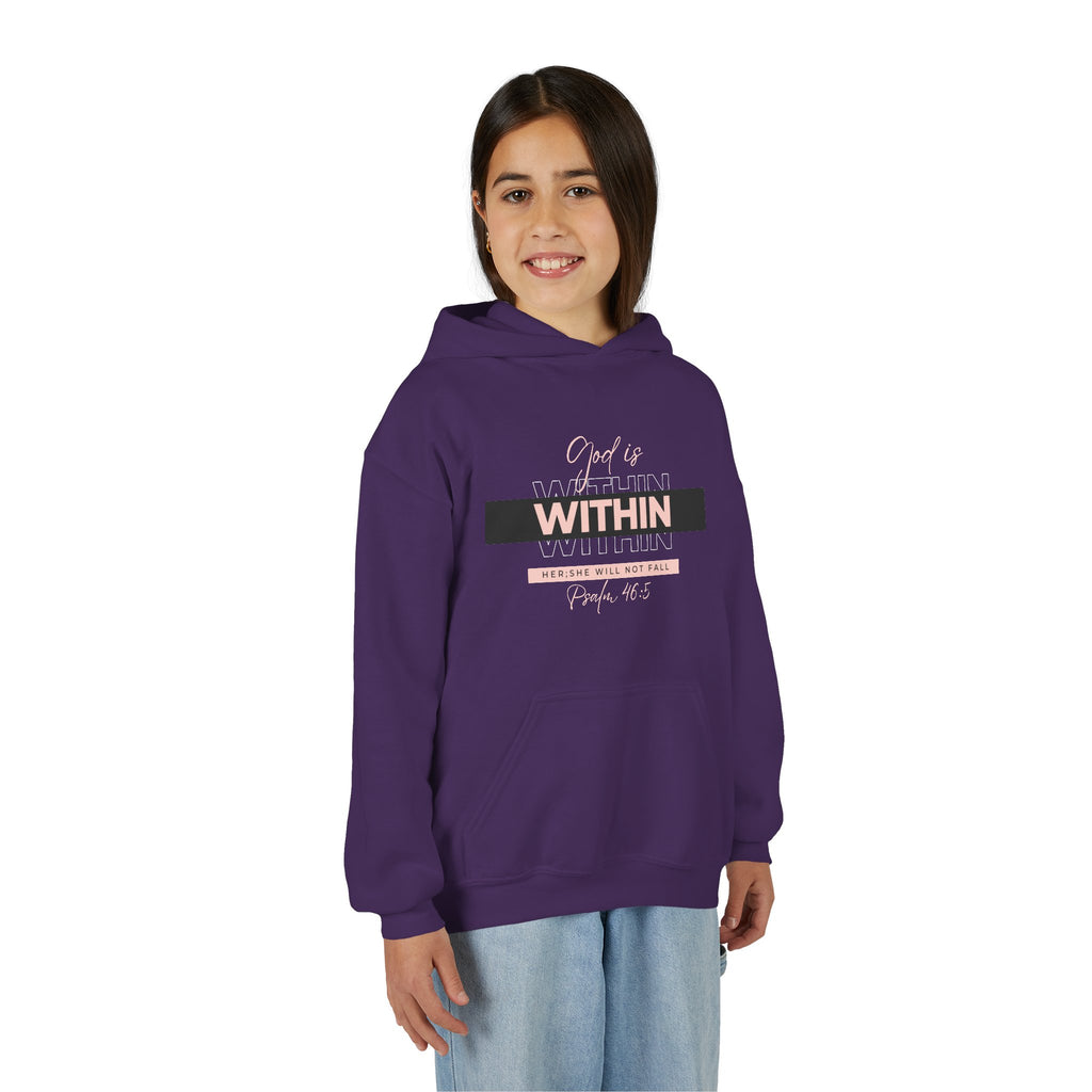 God Is Within Her Youth Hoodie — Psalm 46:5 Christian Hoodie for Girls | Inspirational Faith-Based Kids Pullover