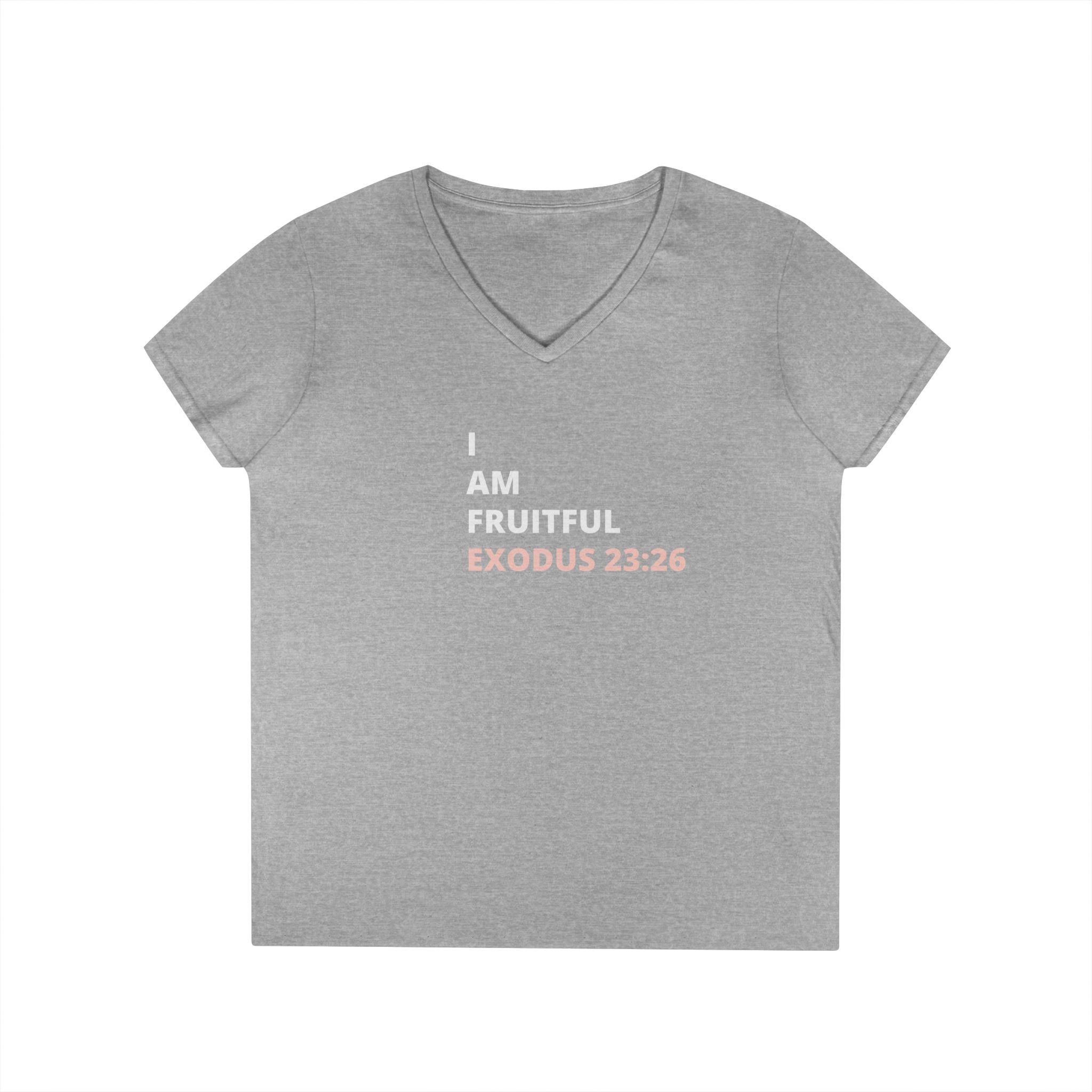 I Am Fruitful V-Neck T-Shirt – Christian Women’s Faith Tee (Exodus 23:26 Scripture)