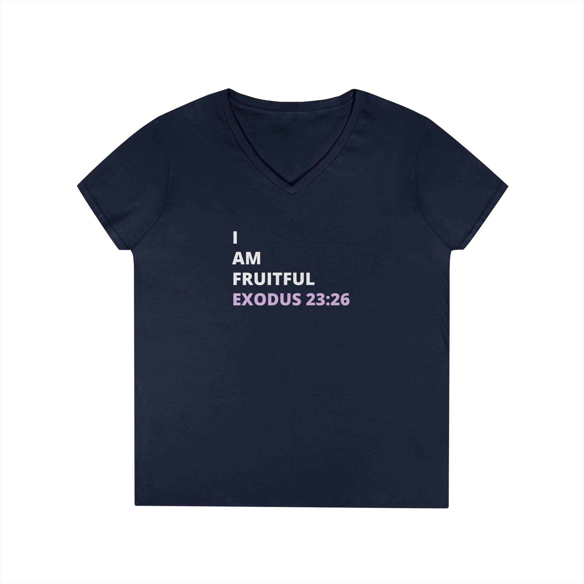 I Am Fruitful V-Neck T-Shirt – Christian Women’s Faith Tee (Exodus 23:26 Scripture)