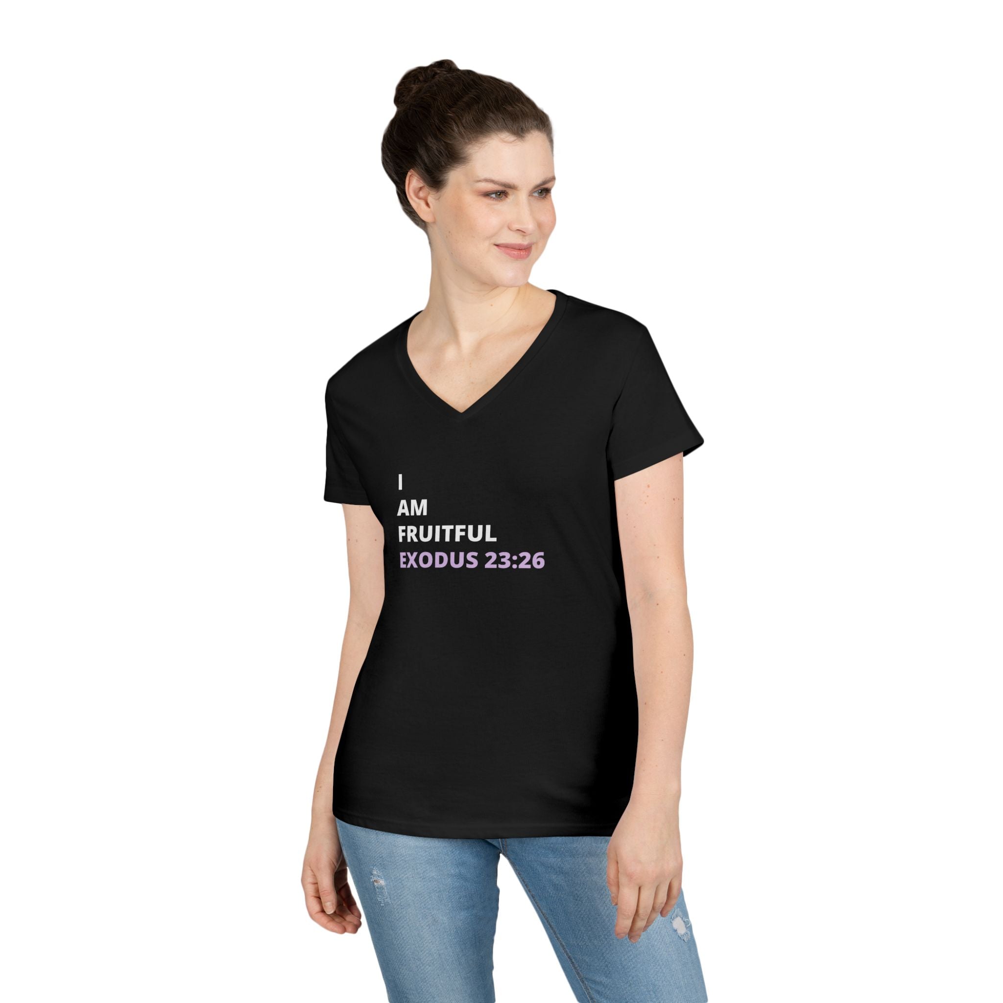 I Am Fruitful V-Neck T-Shirt – Christian Women’s Faith Tee (Exodus 23:26 Scripture)