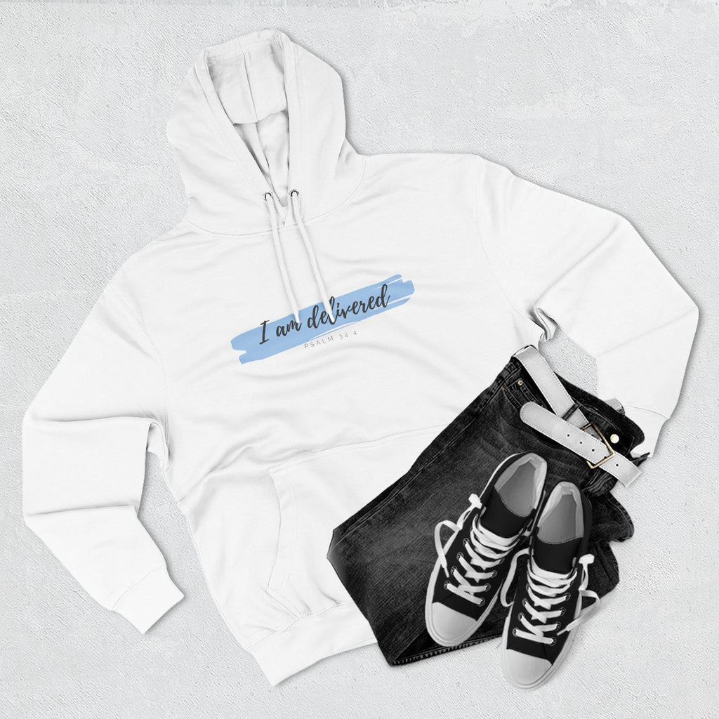 I Am Delivered Christian Hoodie — Psalm 34:4 Faith Hoodie | Inspirational Scripture Pullover | Unisex Christian Apparel