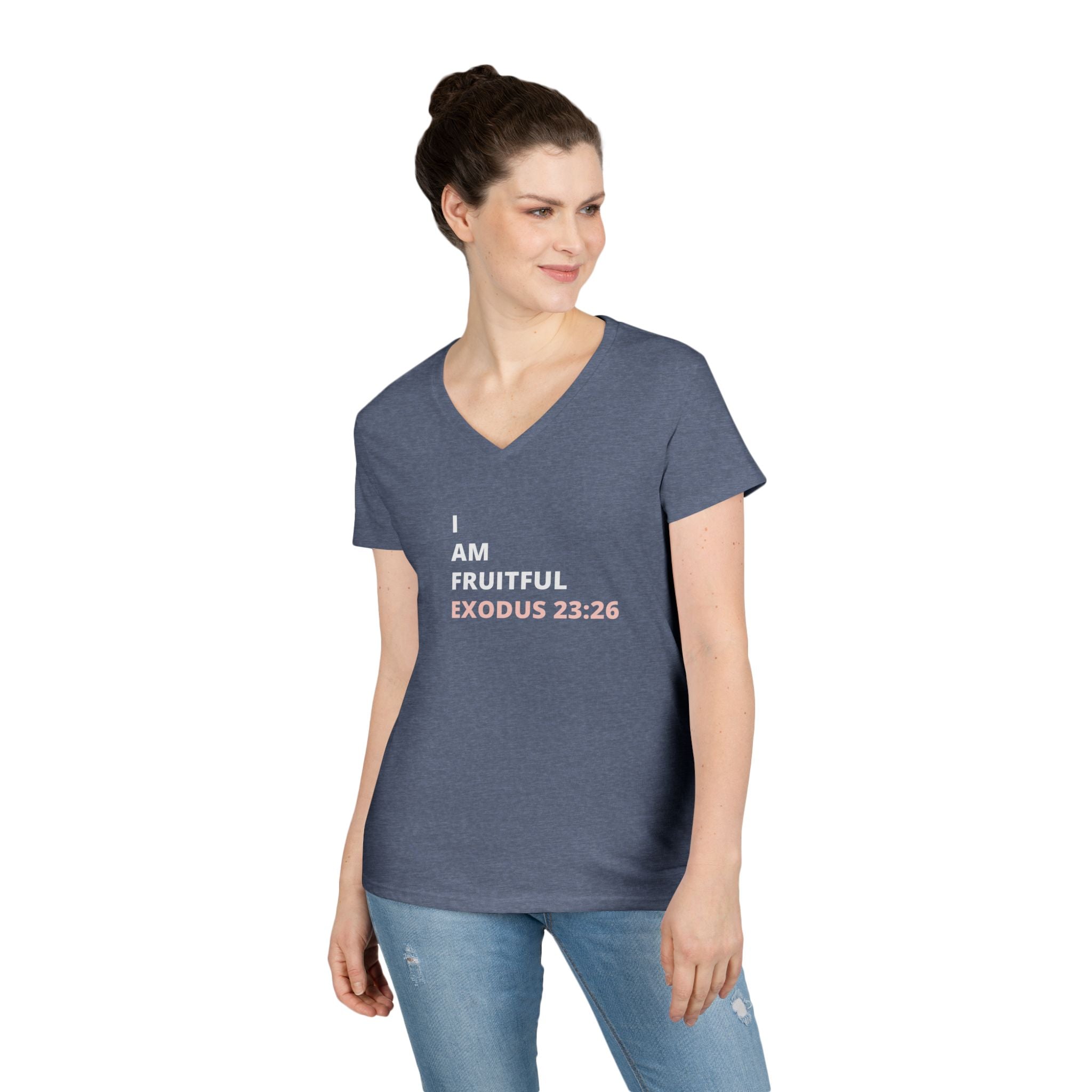 I Am Fruitful V-Neck T-Shirt – Christian Women’s Faith Tee (Exodus 23:26 Scripture)